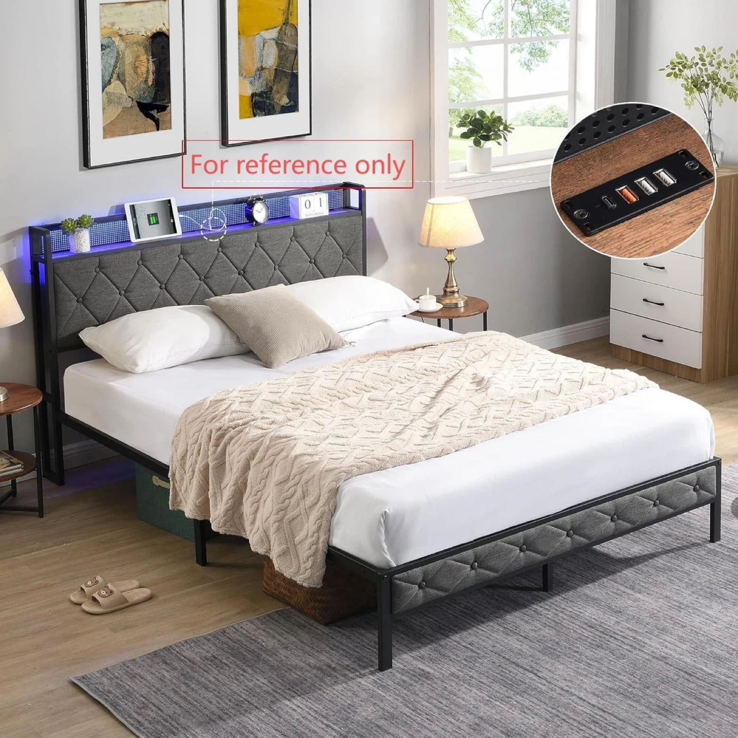 Full Size Bed Frame with Headboard and LED Lights