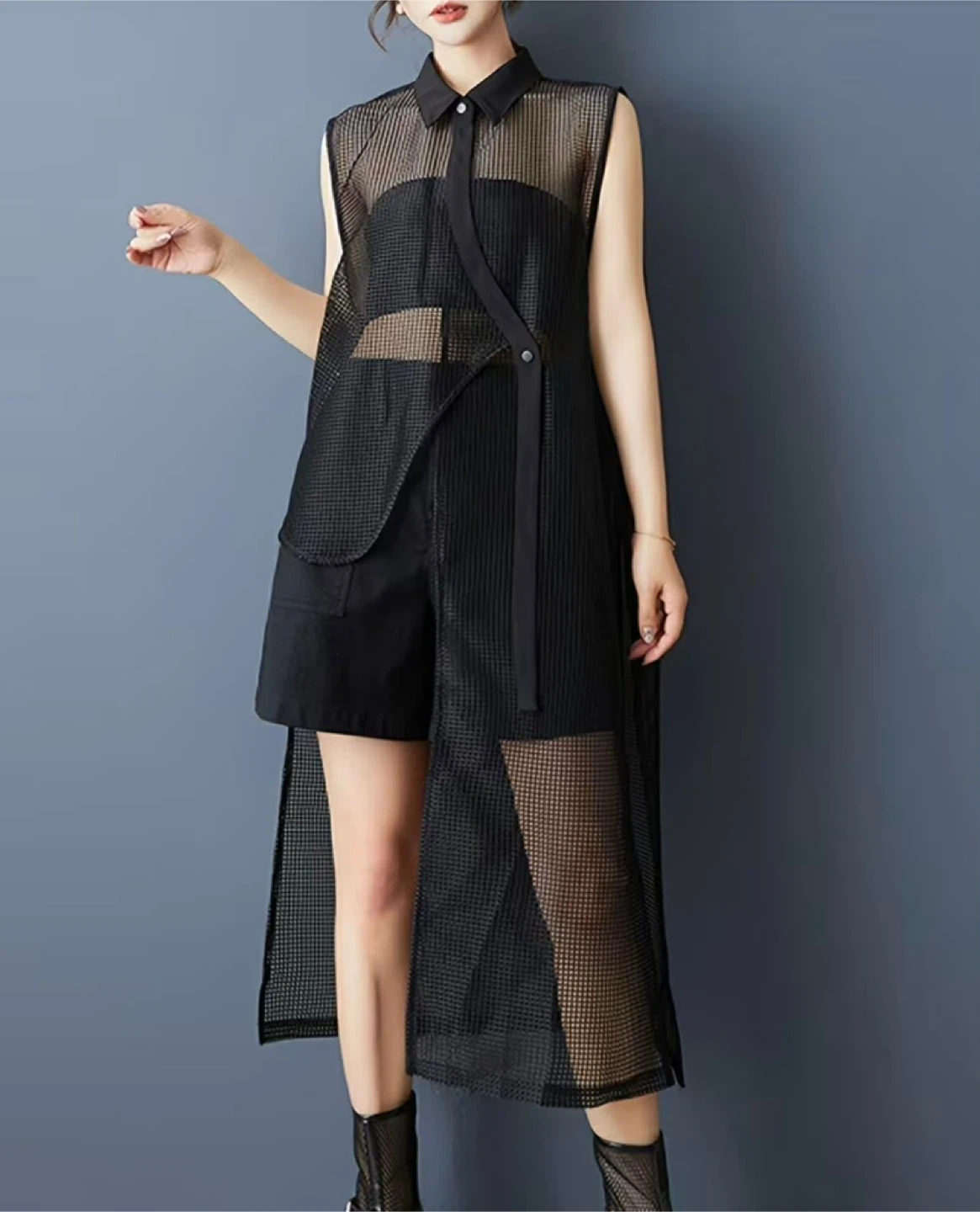 Black Mesh Sleeveless Long Vest Shirt