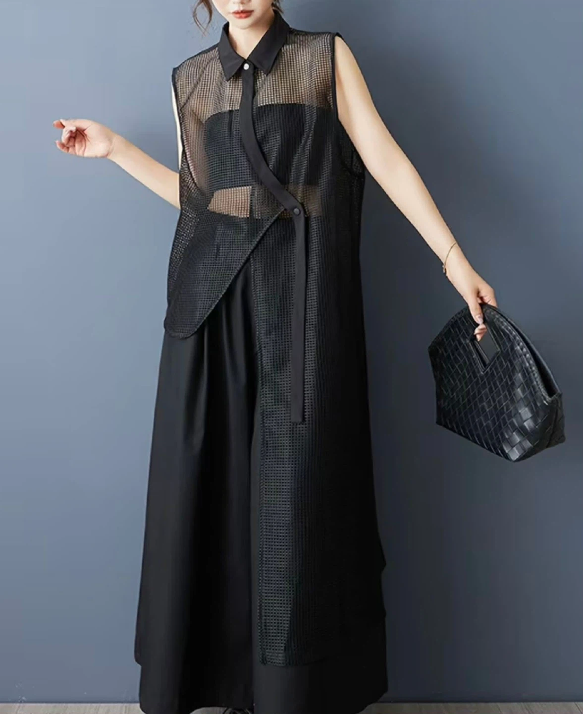 Black Mesh Sleeveless Long Vest Shirt - photo 4