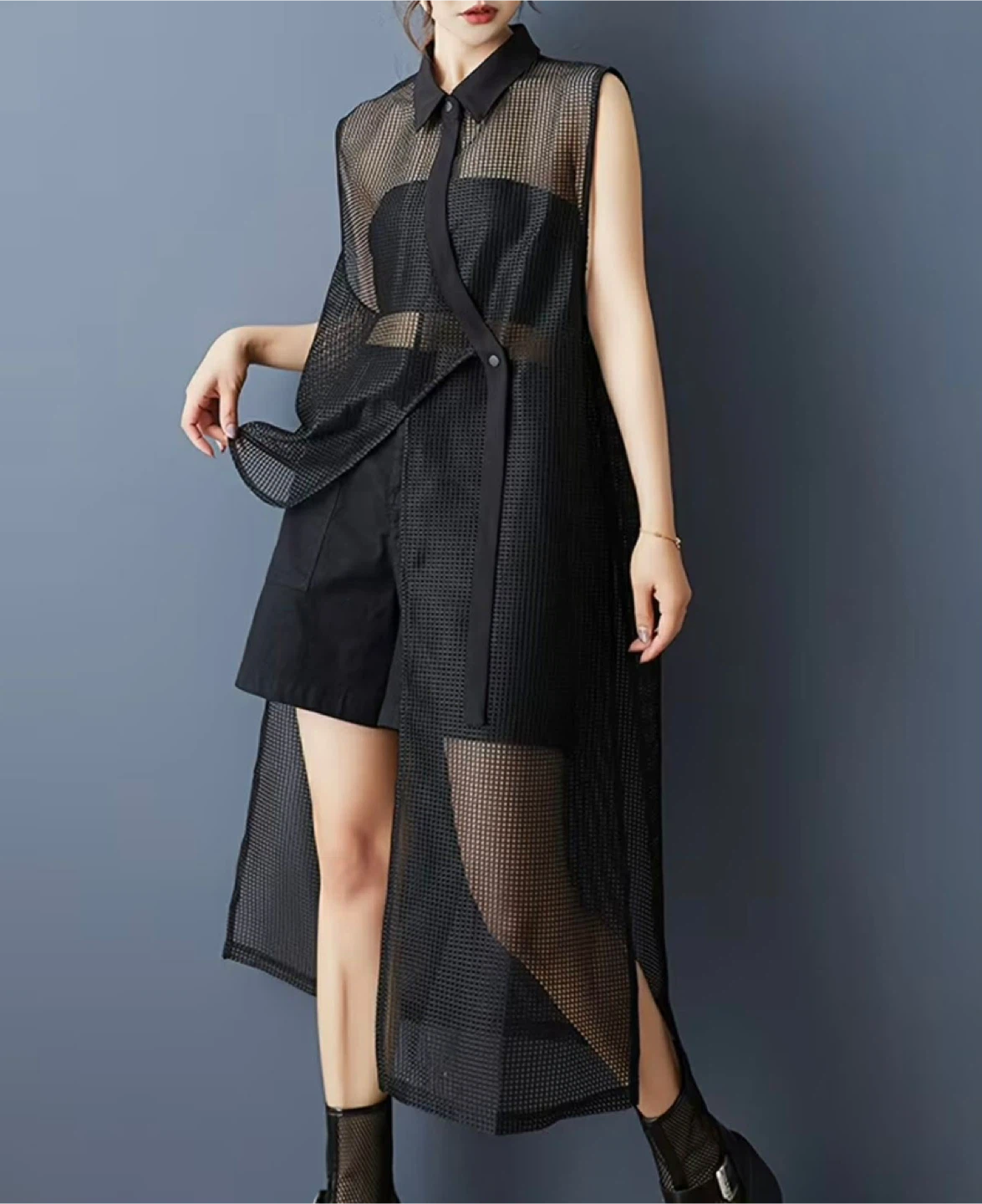 Black Mesh Sleeveless Long Vest Shirt - photo 3