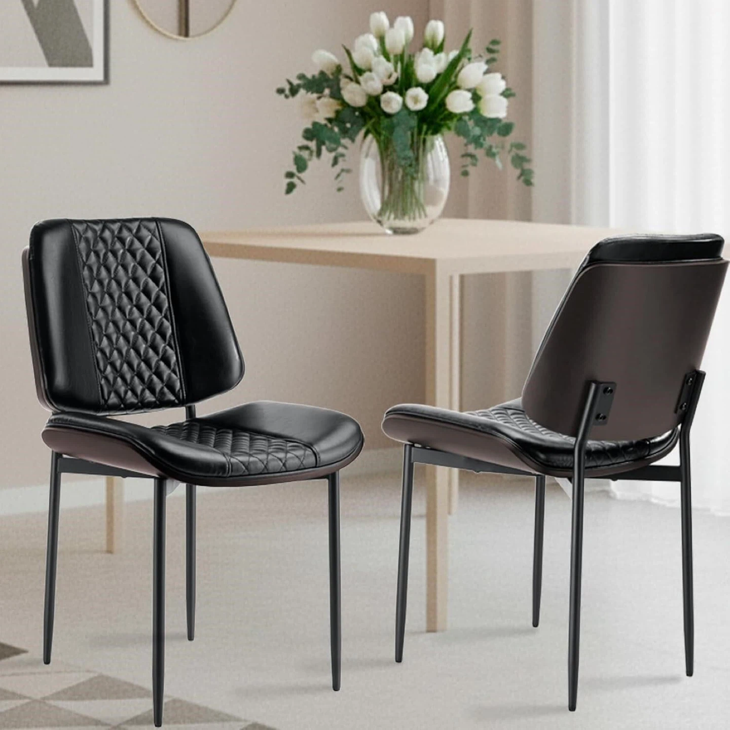 Set of 2 Black Faux Leather Dining Chairs