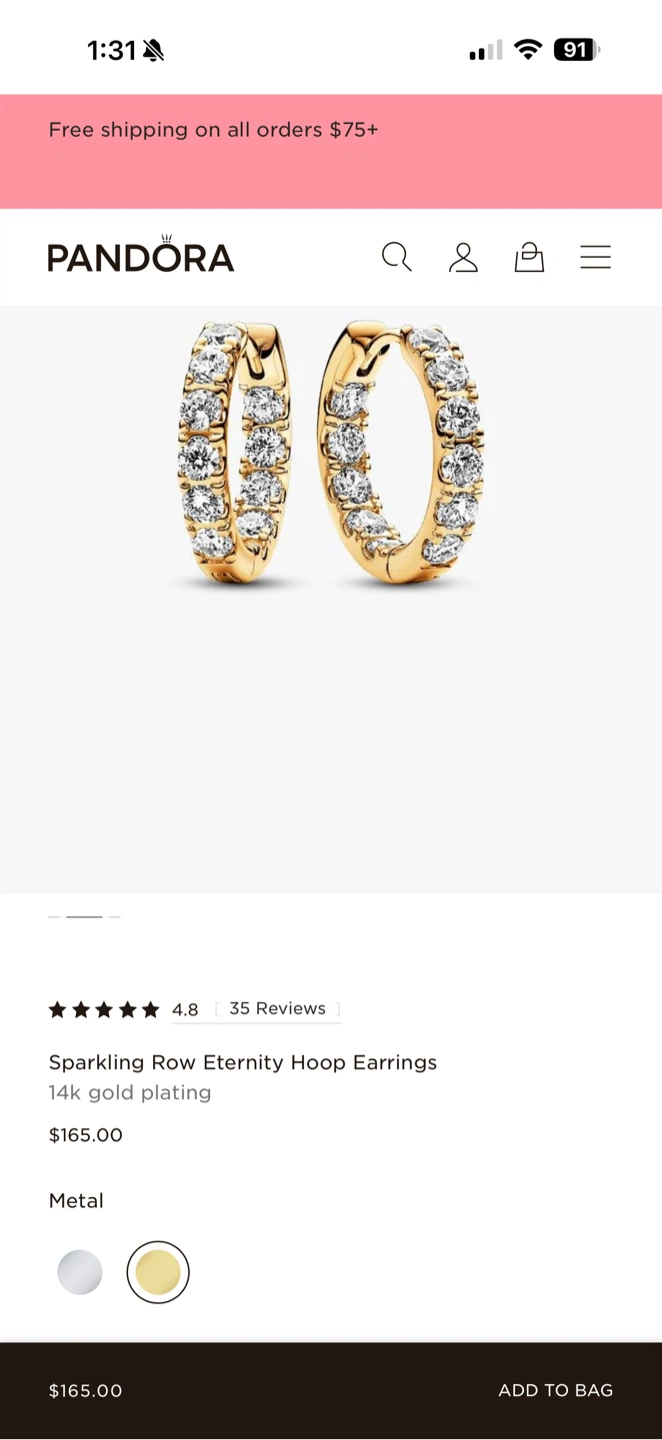 Pandora Sparkling Row Eternity Hoop Earrings 14K Gold Plating - photo 5