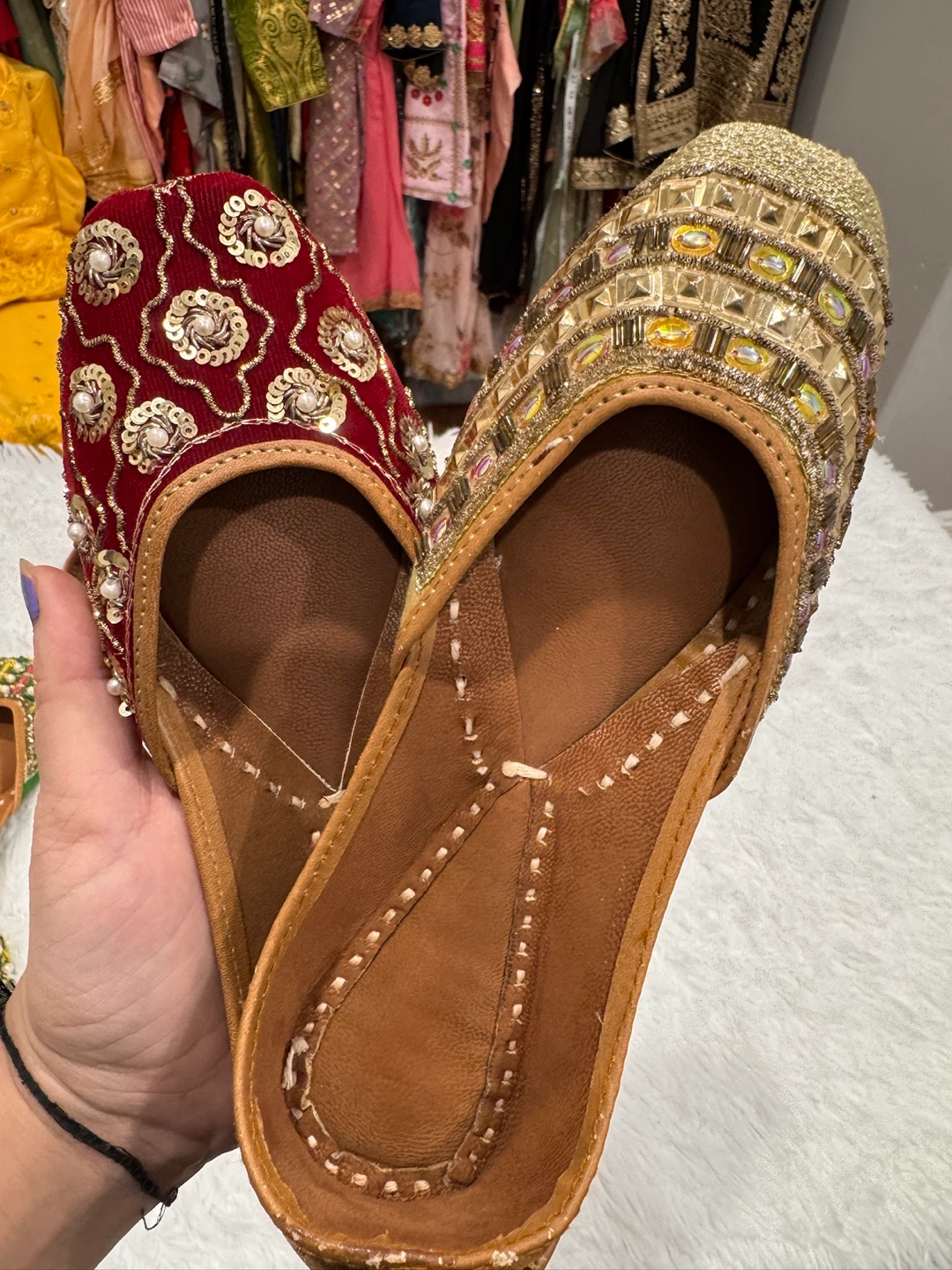 Embellished Velvet Jutti Shoes - Red & Gold