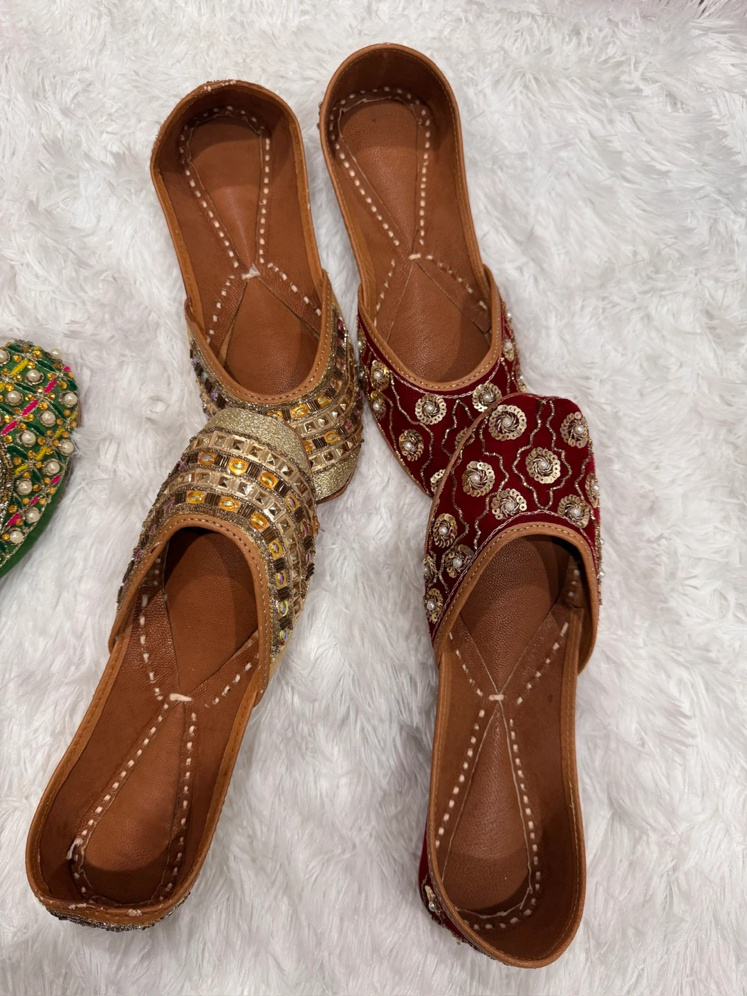 Embellished Velvet Jutti Shoes - Red & Gold - photo 2