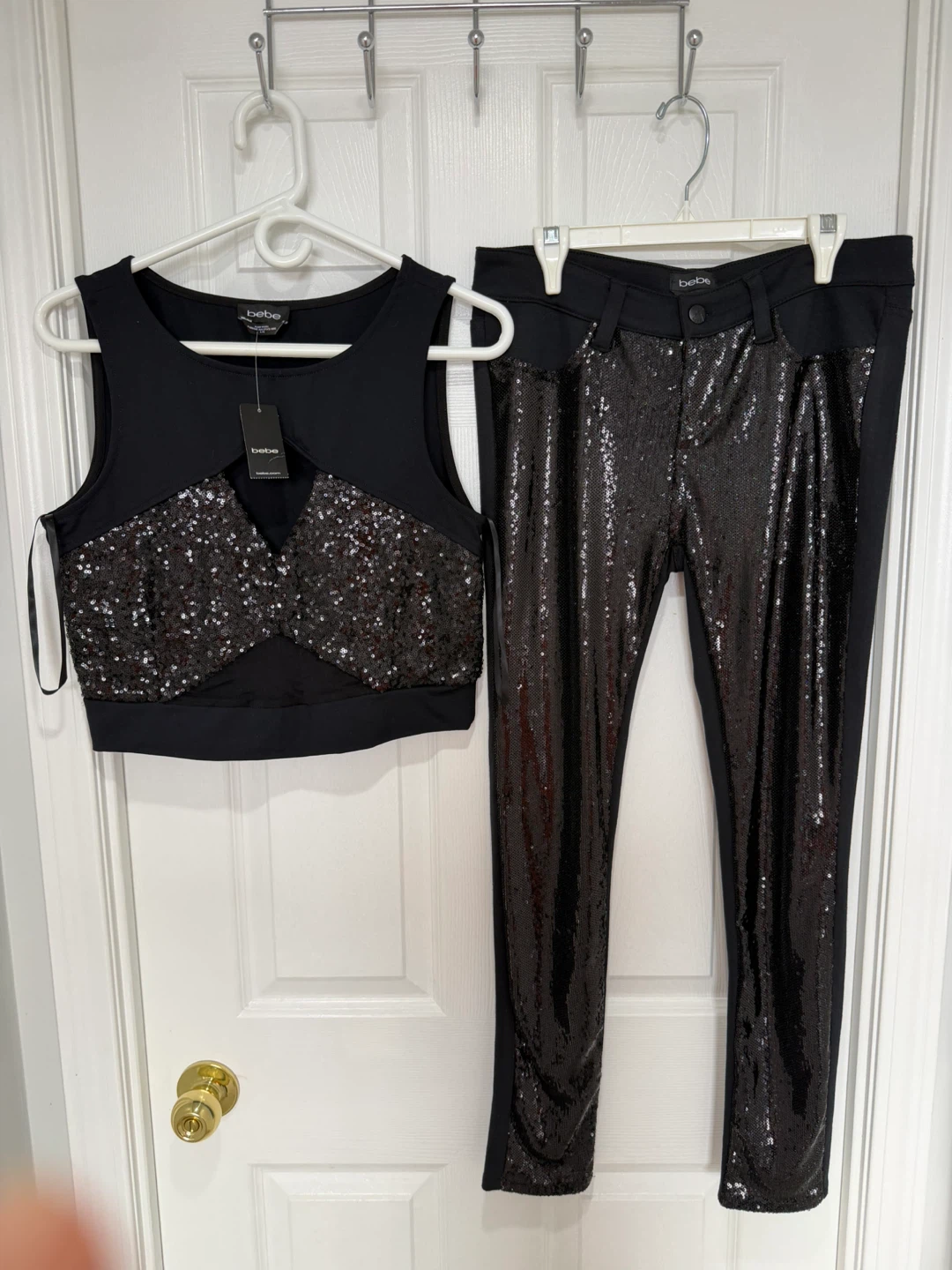 Bebe Black Sequin Crop Top and Pants Set