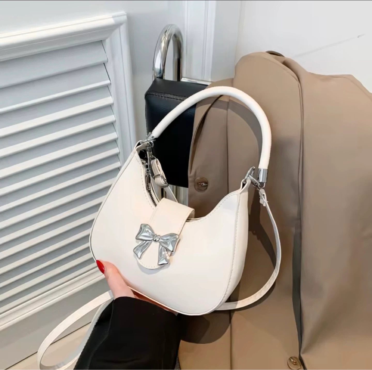 White Crescent Shoulder Bag with Bow Detail