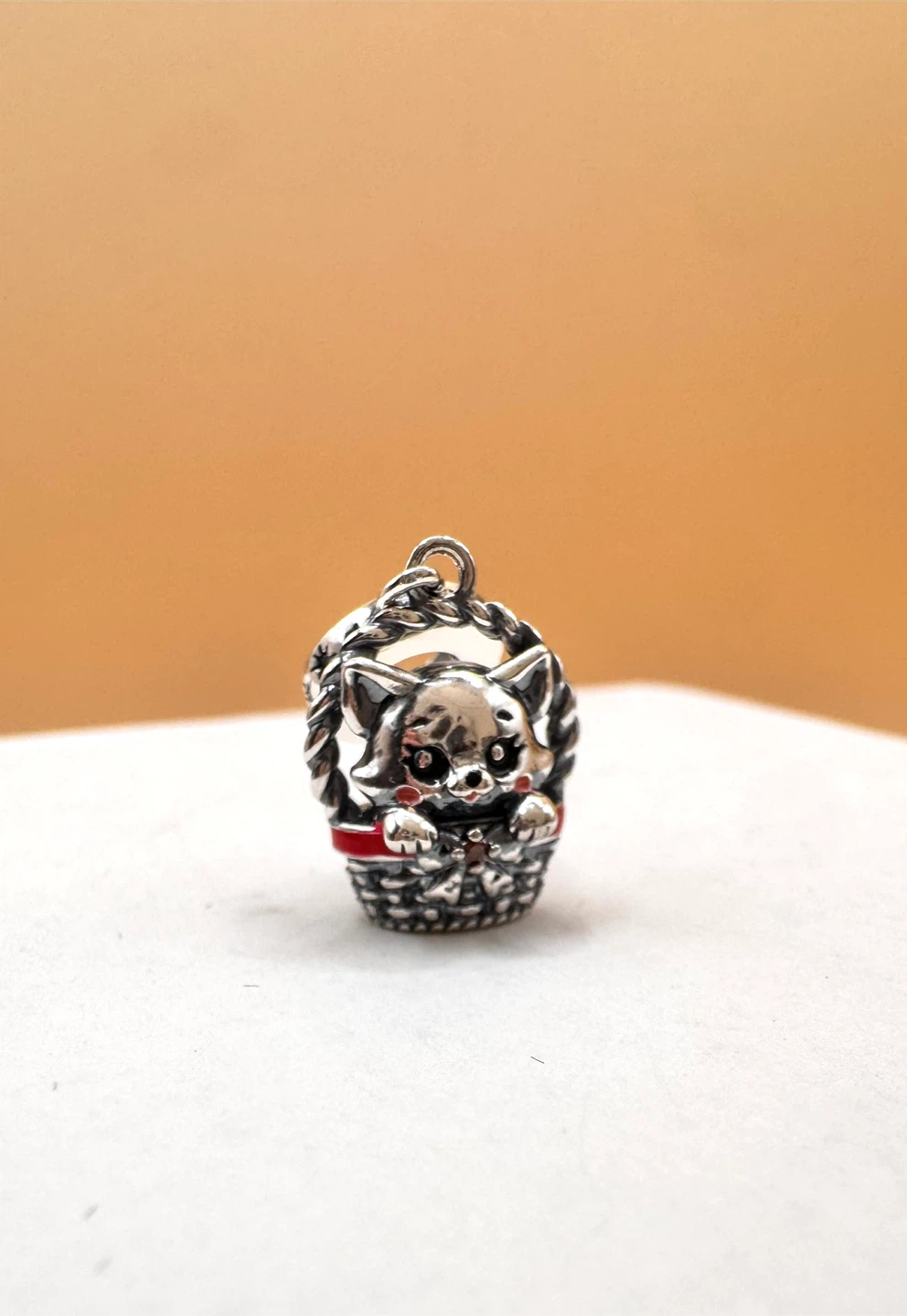 Sterling Silver Charm Cat in Basket Pendant