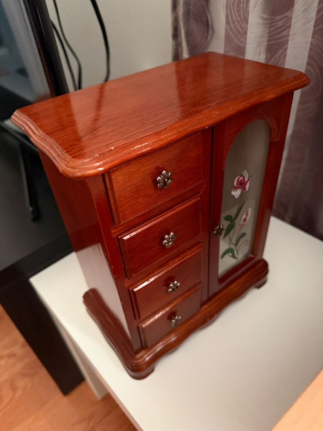 Wooden Jewellery Box with Drawers and Mirrored Door