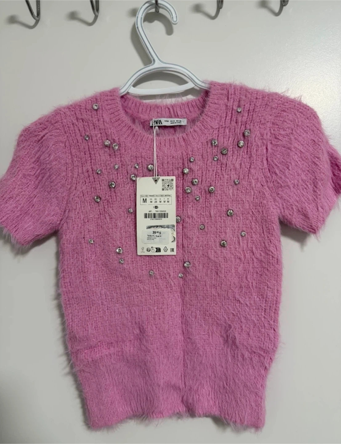 NWT -ZARA Pink Rhinestone Fuzzy Short Sleeve Sweater - Size M