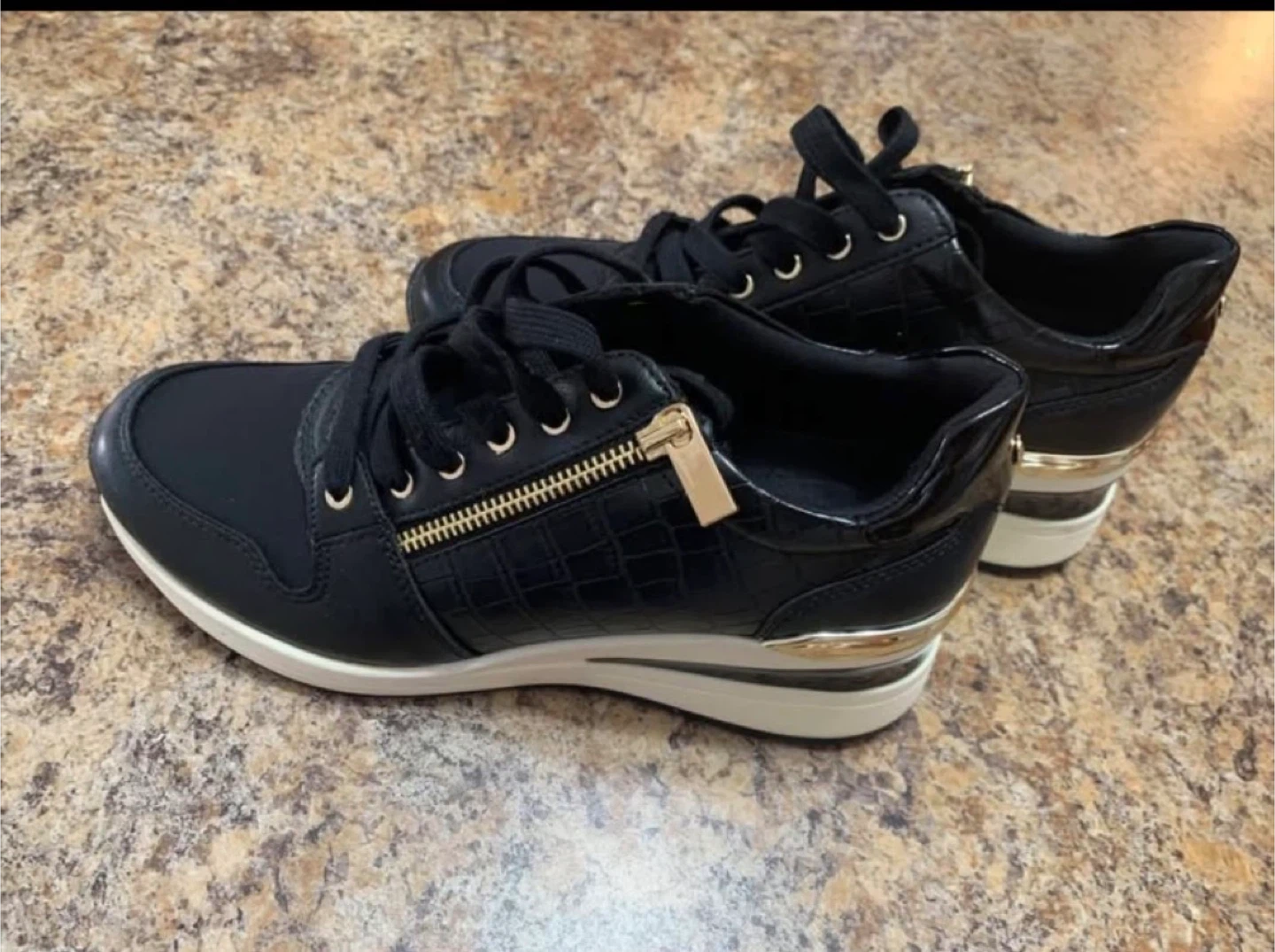 Black Wedge Sneakers with Gold Accents
