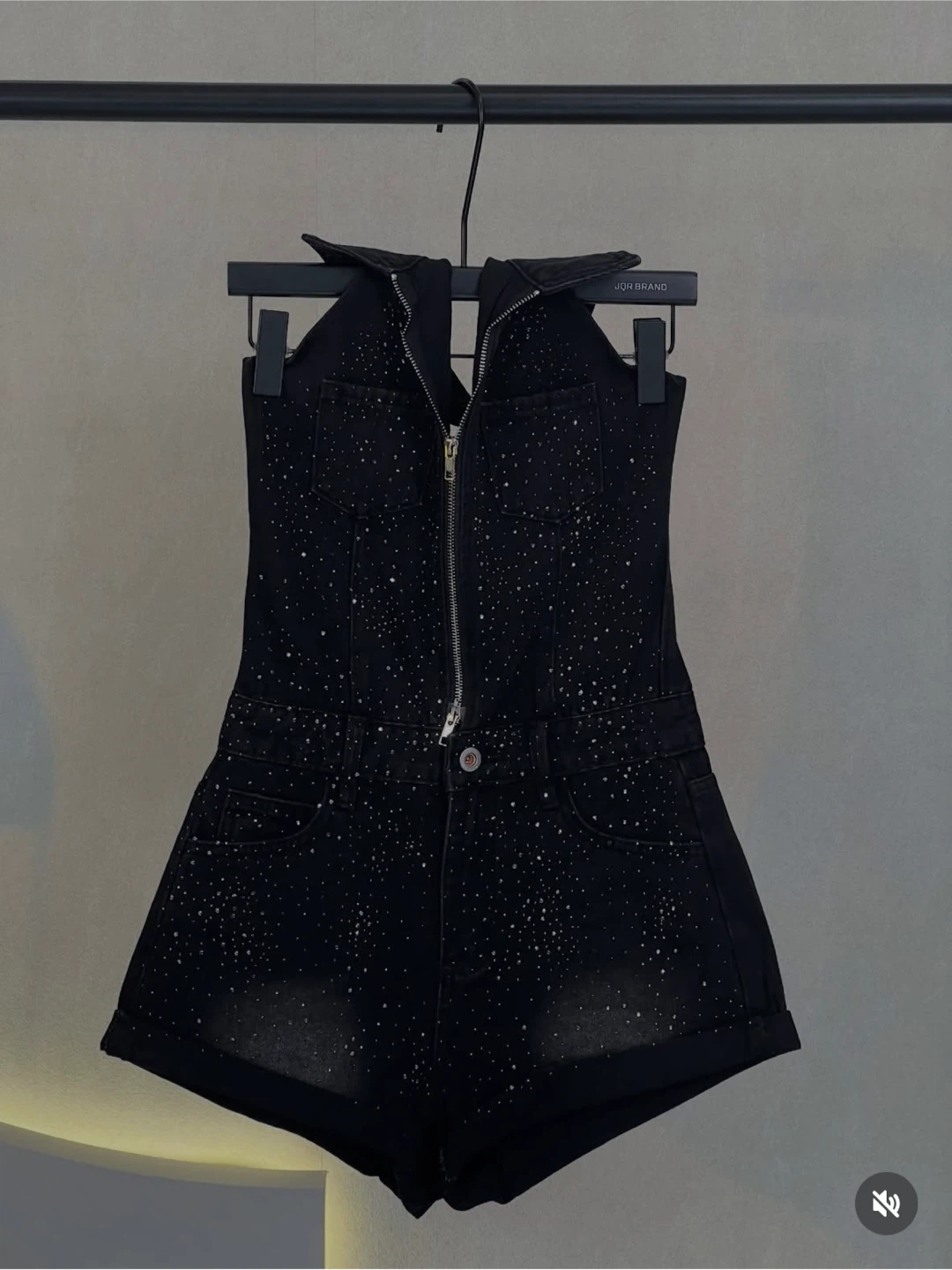 Black Denim Embellished Halter Romper