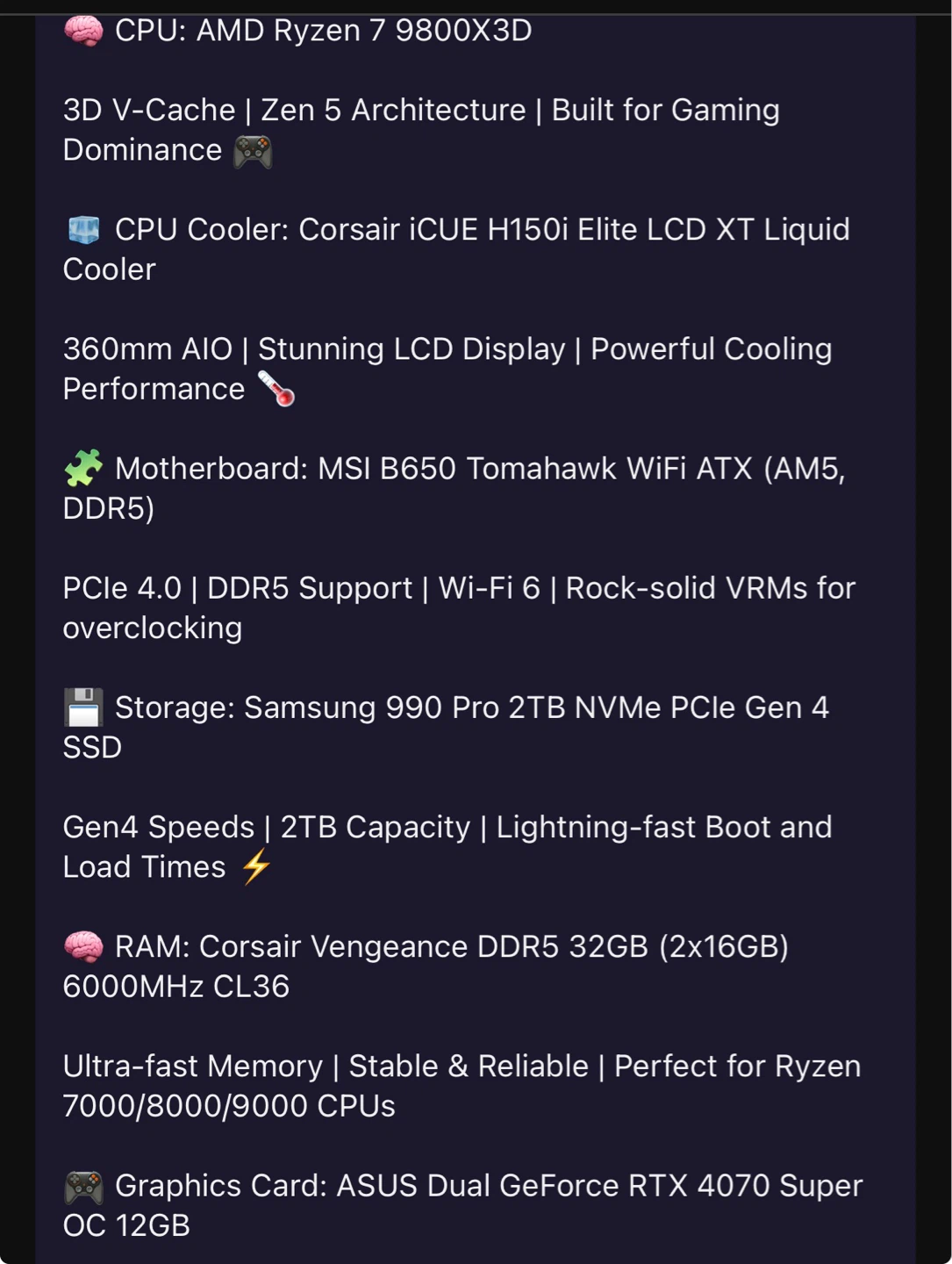 Custom Built Gaming PC - Ryzen 7 9800X3D, RTX 4070 Super