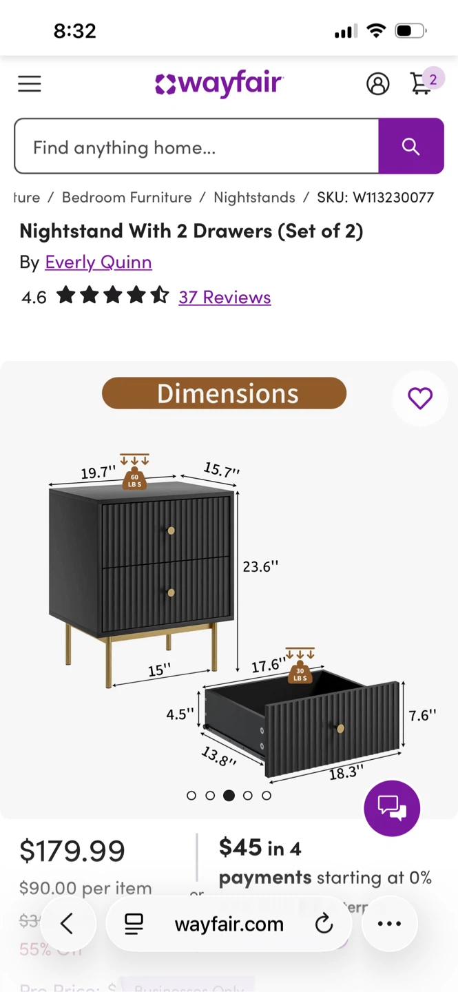 Everly Quinn Nightstand With 2 Drawers - Black - photo 2