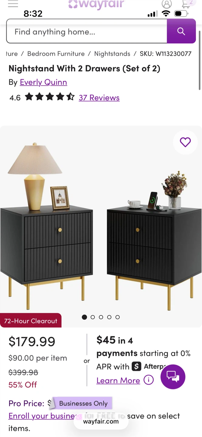 Everly Quinn Nightstand With 2 Drawers - Black