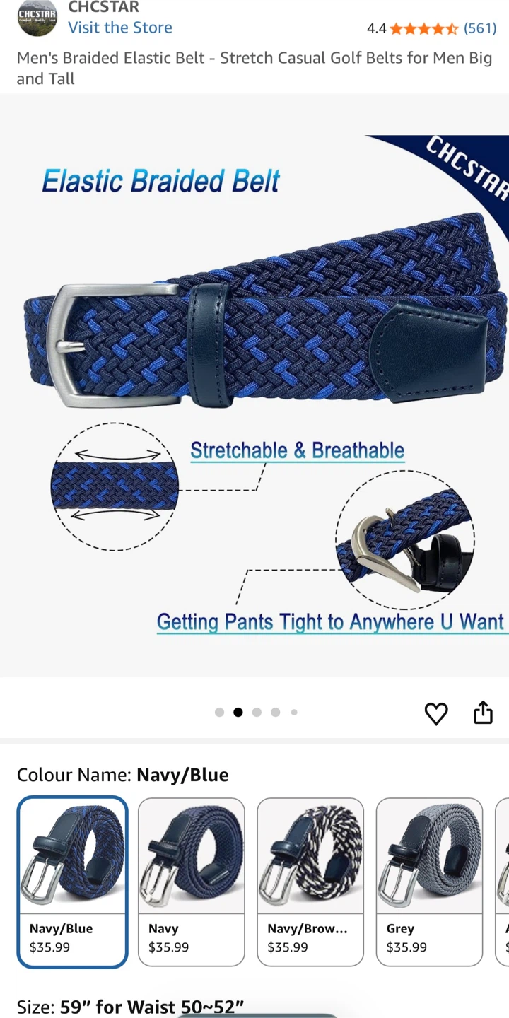 CHCSTAR Men's Braided Elastic Belt - Navy/Blue - Size 59 - photo 2