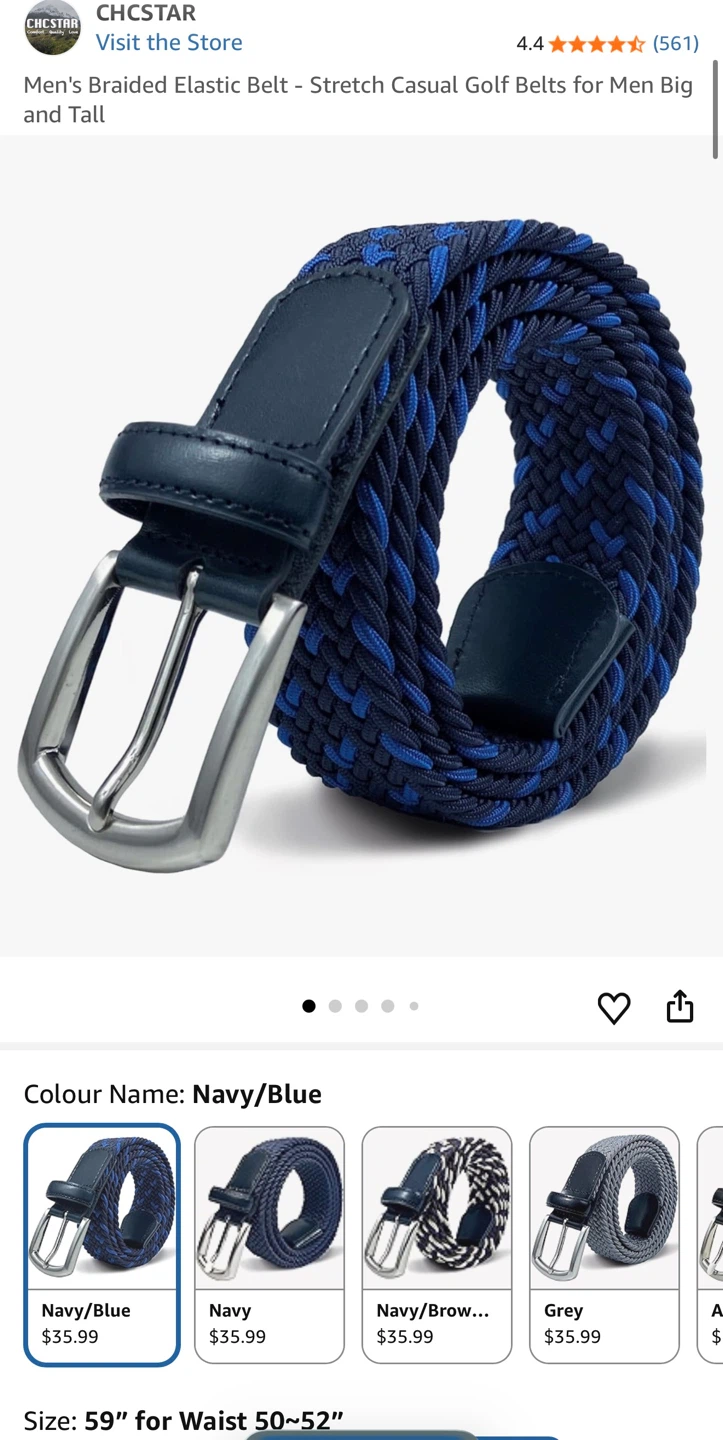 CHCSTAR Men's Braided Elastic Belt - Navy/Blue - Size 59