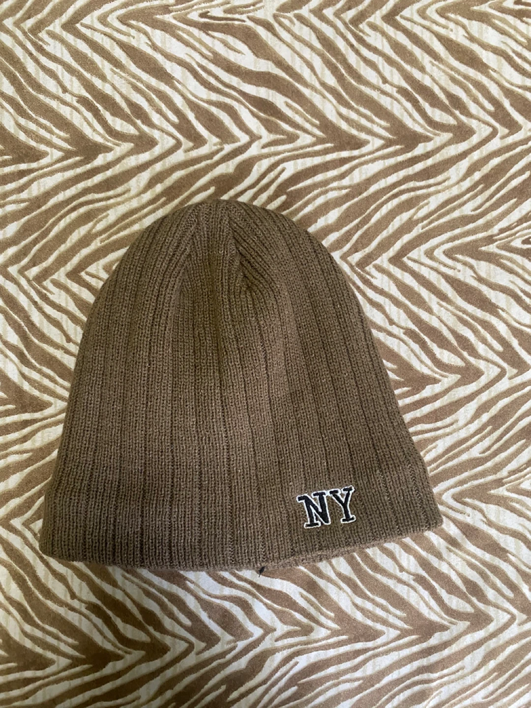 Brown Knit Beanie with NY Patch