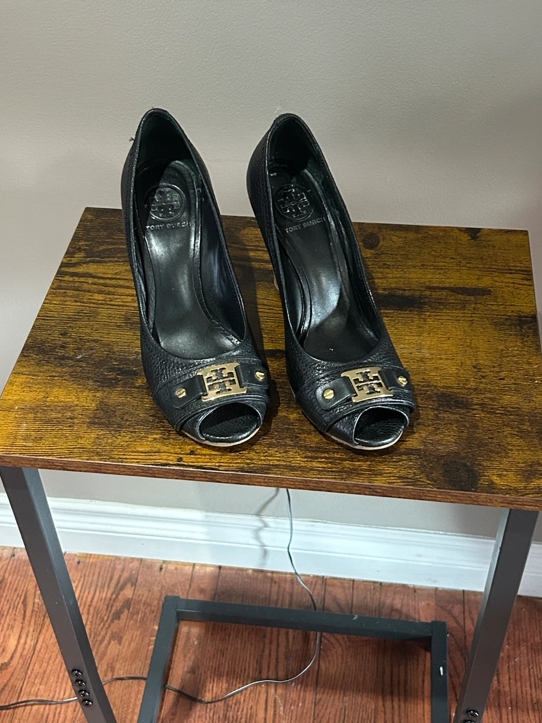Tory Burch Black Leather Peep-Toe Wedge Heels Size 8M