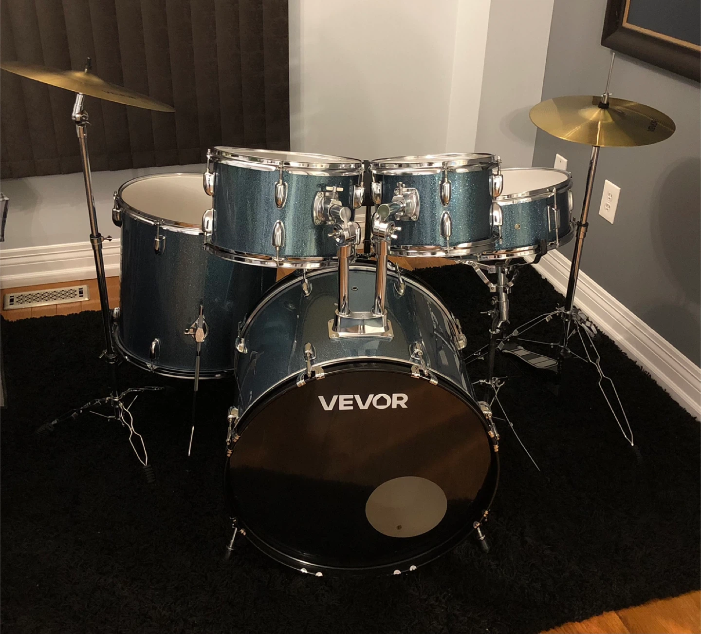 Brand new beginner drum set — blue sparkle