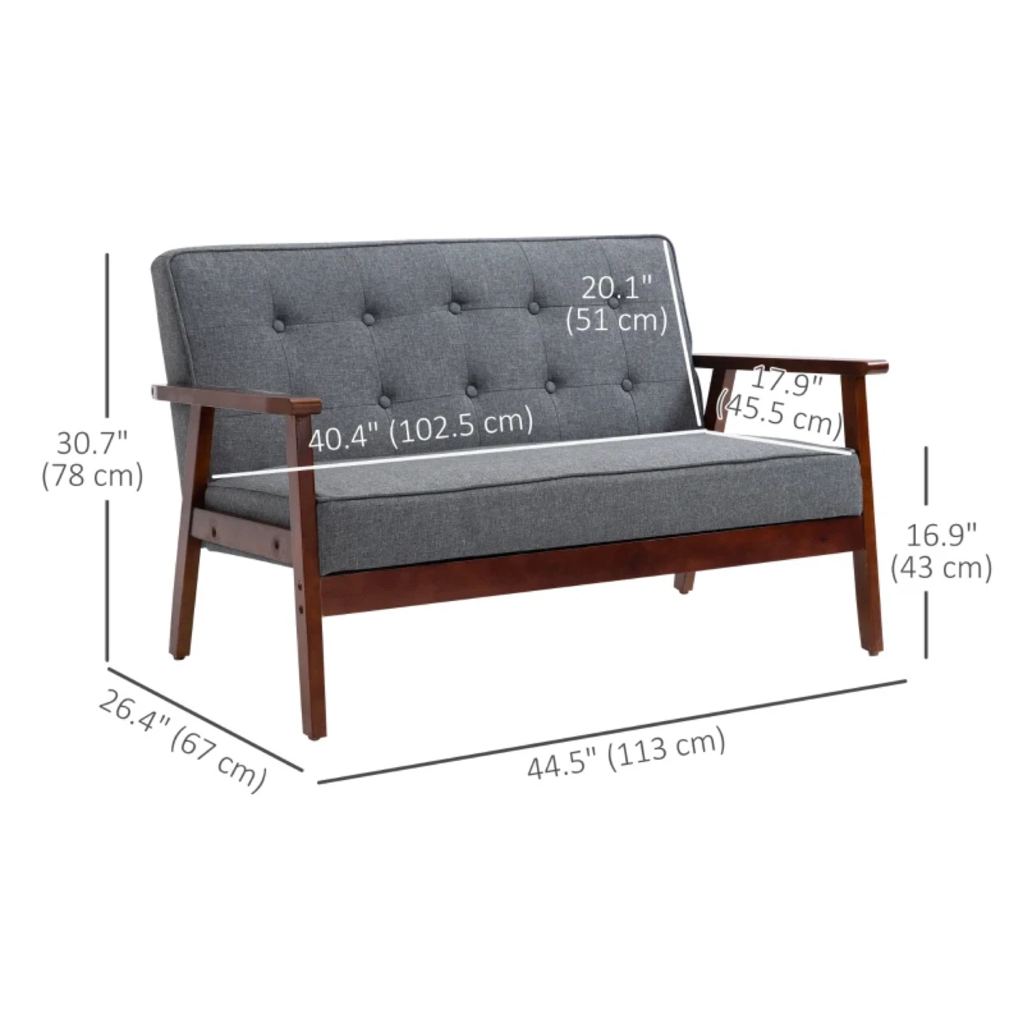 Grey Mid-Century Loveseat with Wooden Frame - photo 2