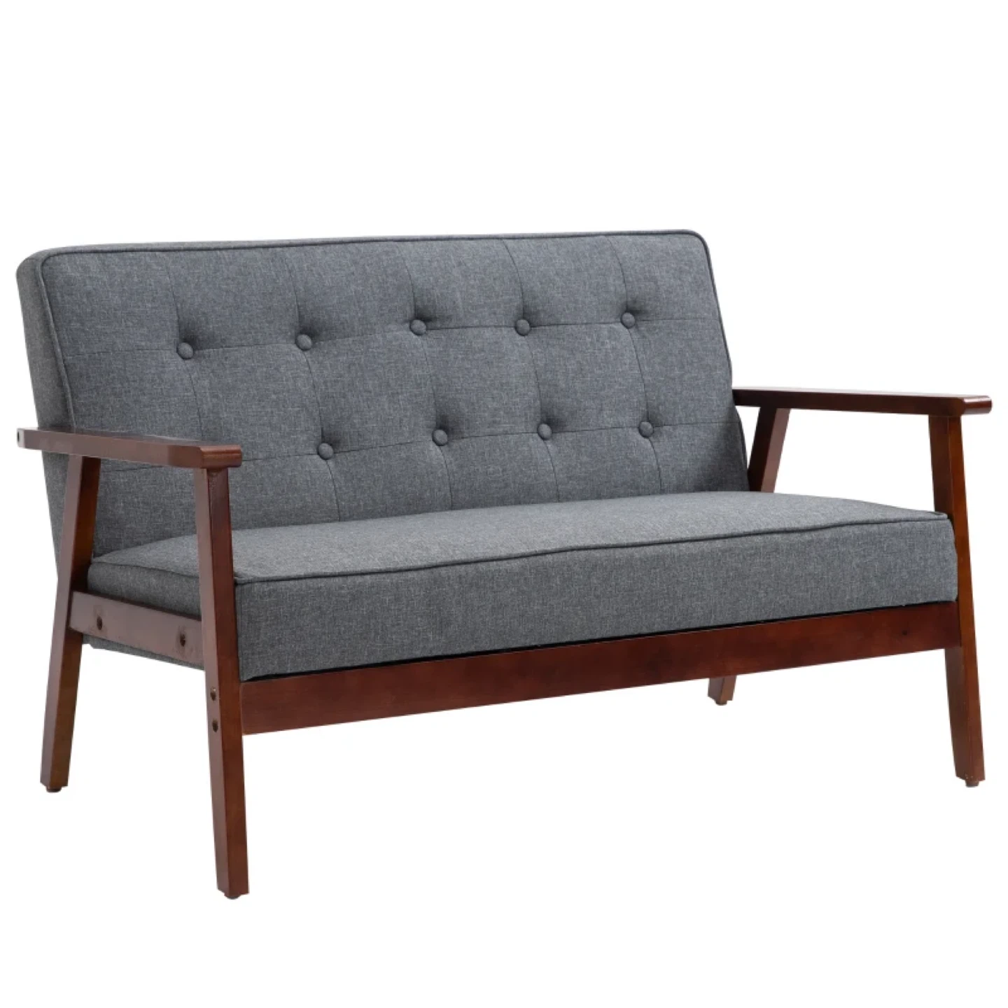Grey Mid-Century Loveseat with Wooden Frame
