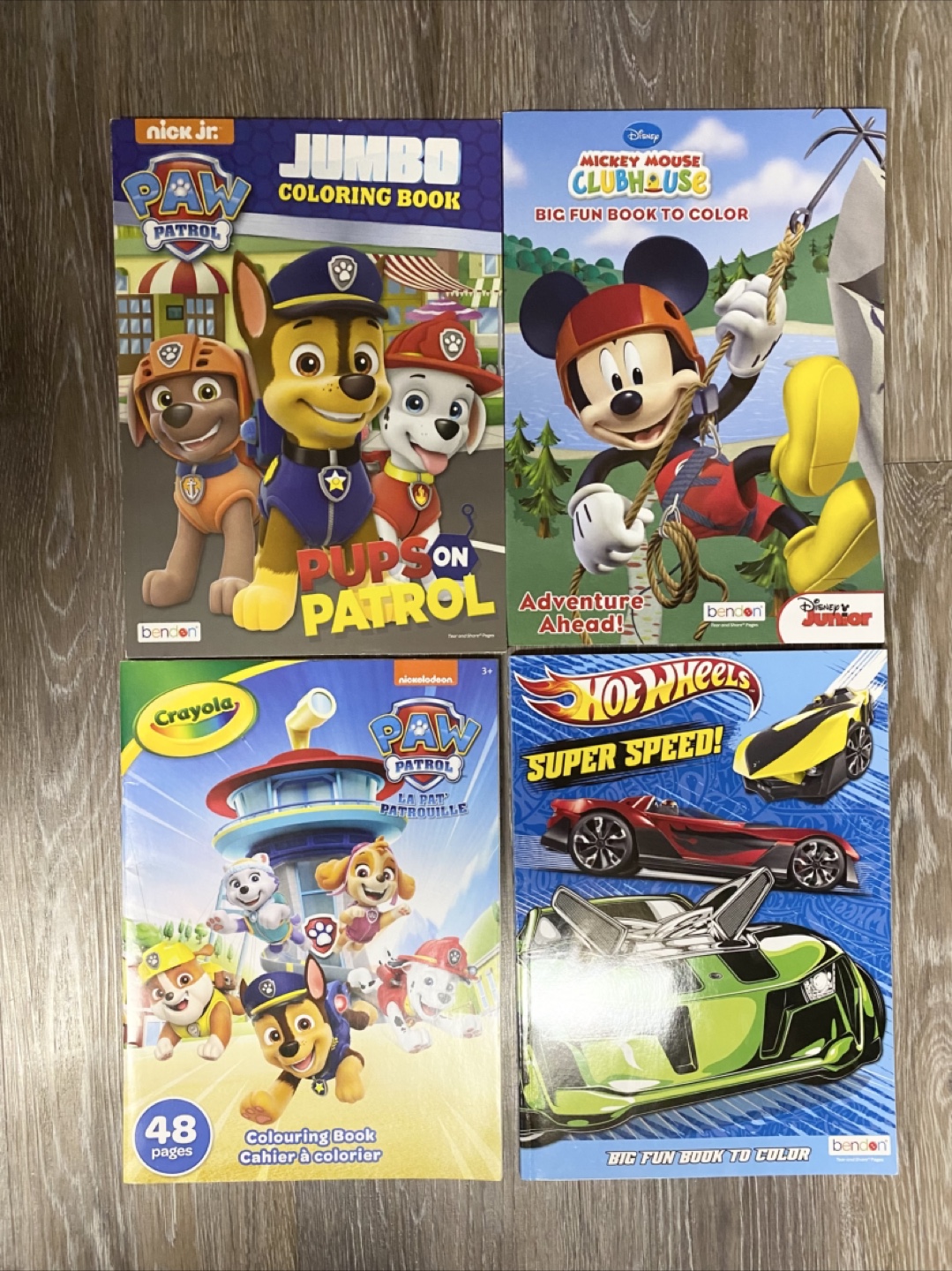 Set of 4 Coloring Books: Paw Patrol, Mickey Mouse, Hot Wheels