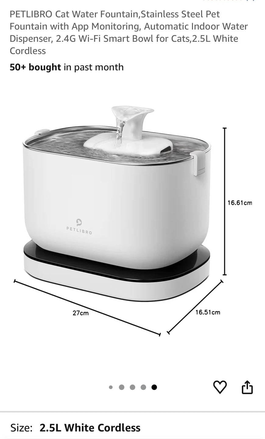 PETLIBRO 2.5L Stainless Steel Cat Water Fountain - White