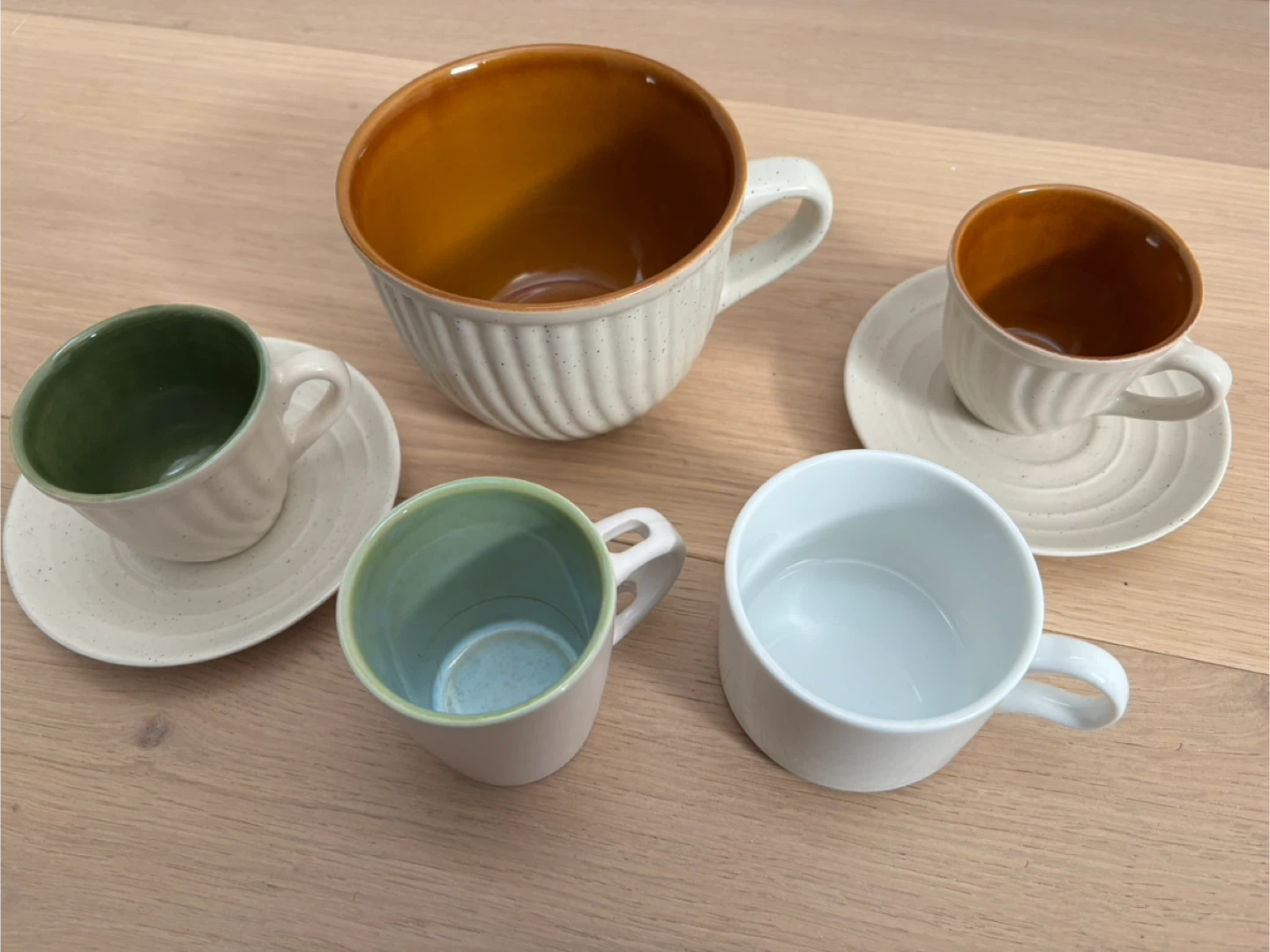 Assorted Mugs, Espresso, Coffee w Saucers - like new