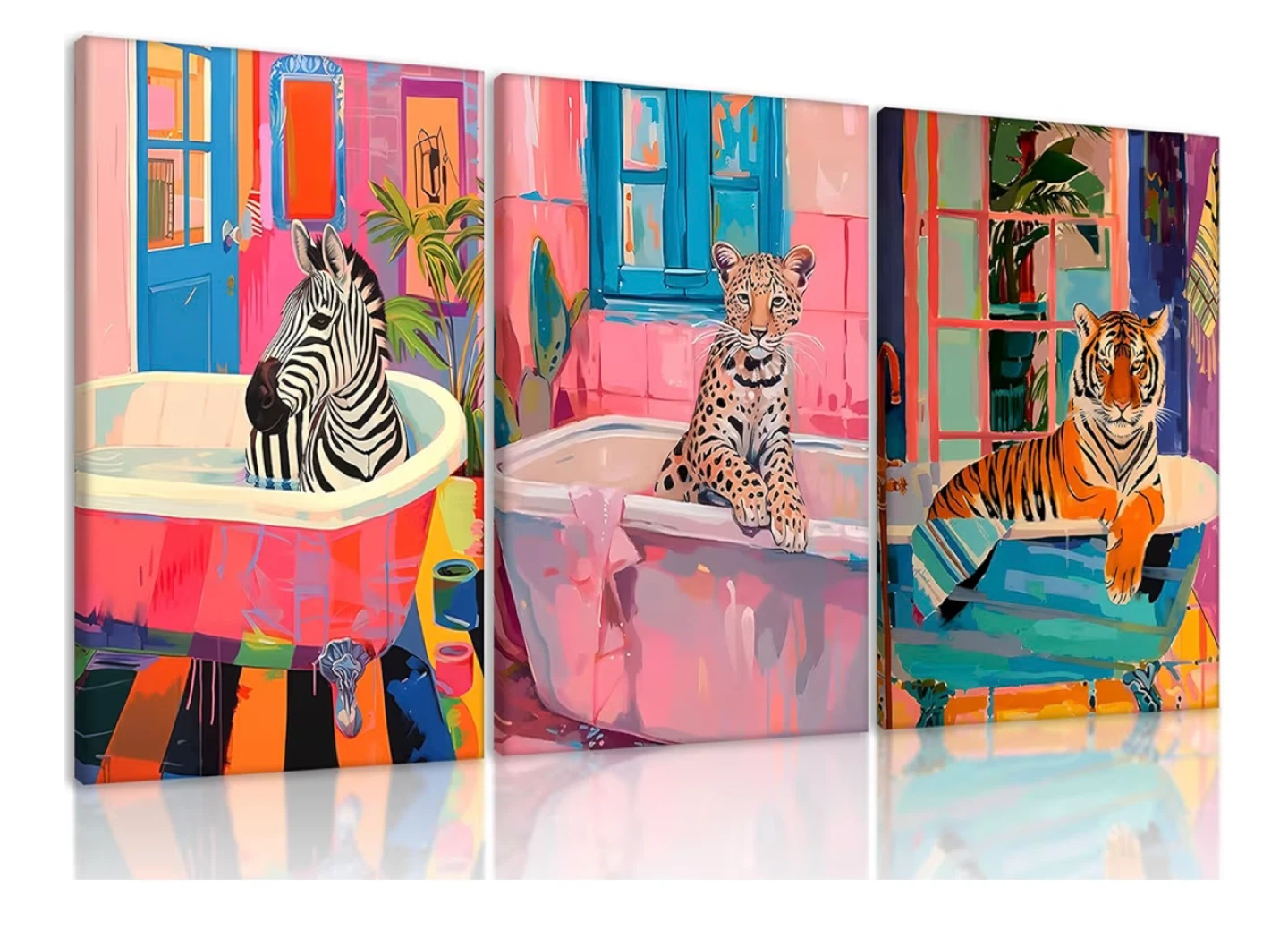 Set of 3 Wild Animals in Bathtubs Canvas Prints