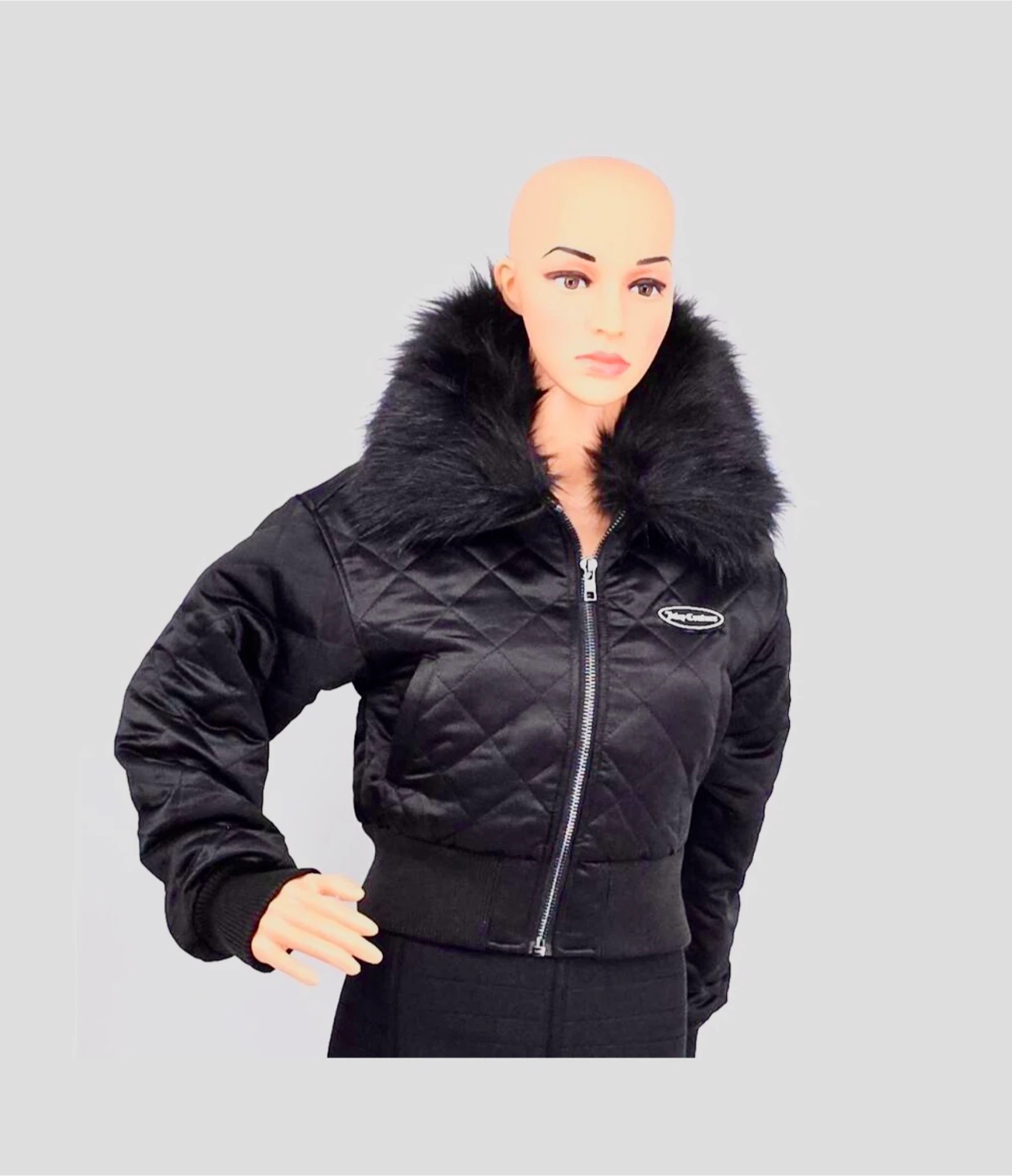 Juicy Couture Black Quilted Bomber Jacket with Faux Fur Collar