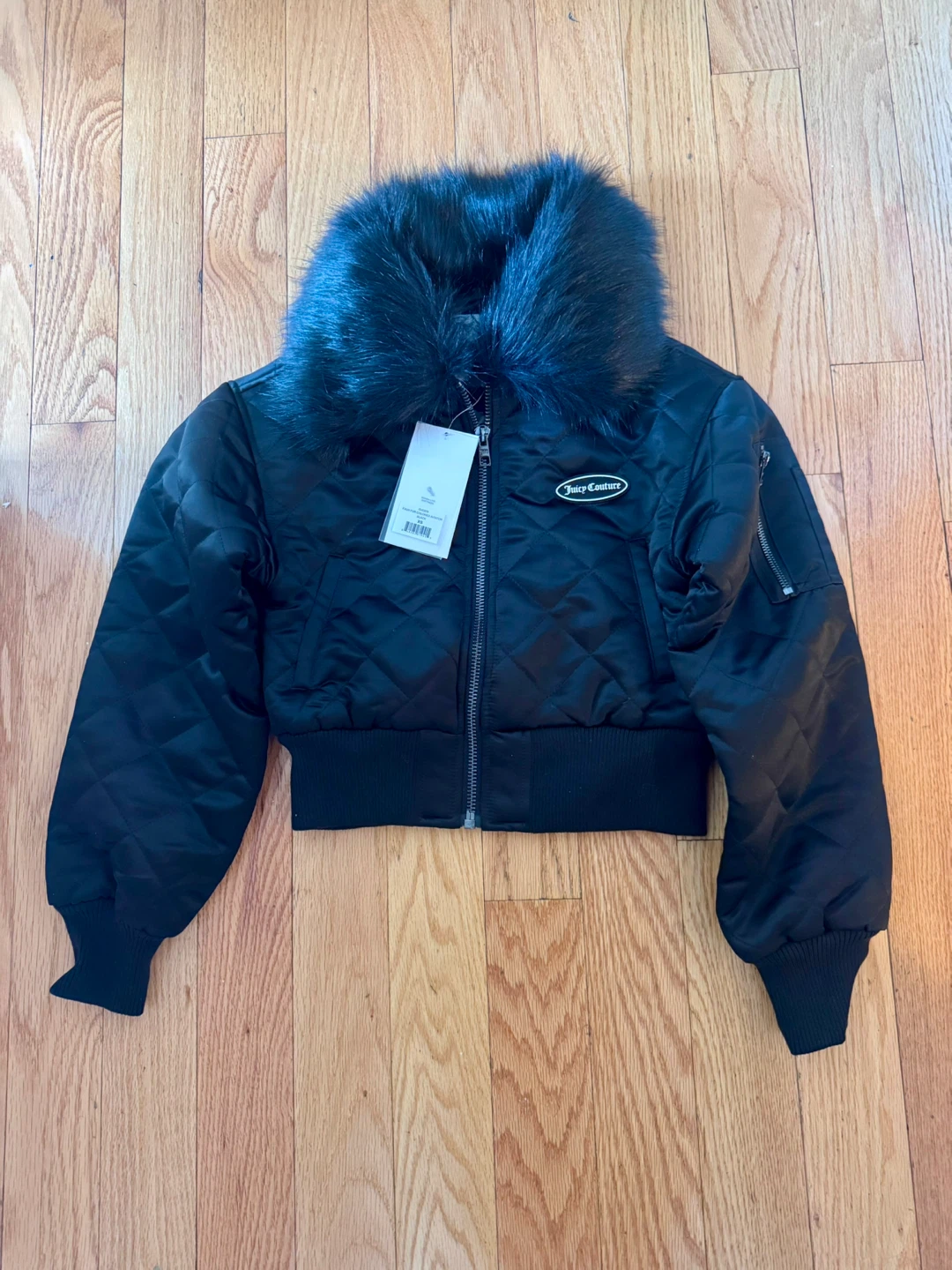 Juicy Couture Black Quilted Bomber Jacket with Faux Fur Collar - photo 5