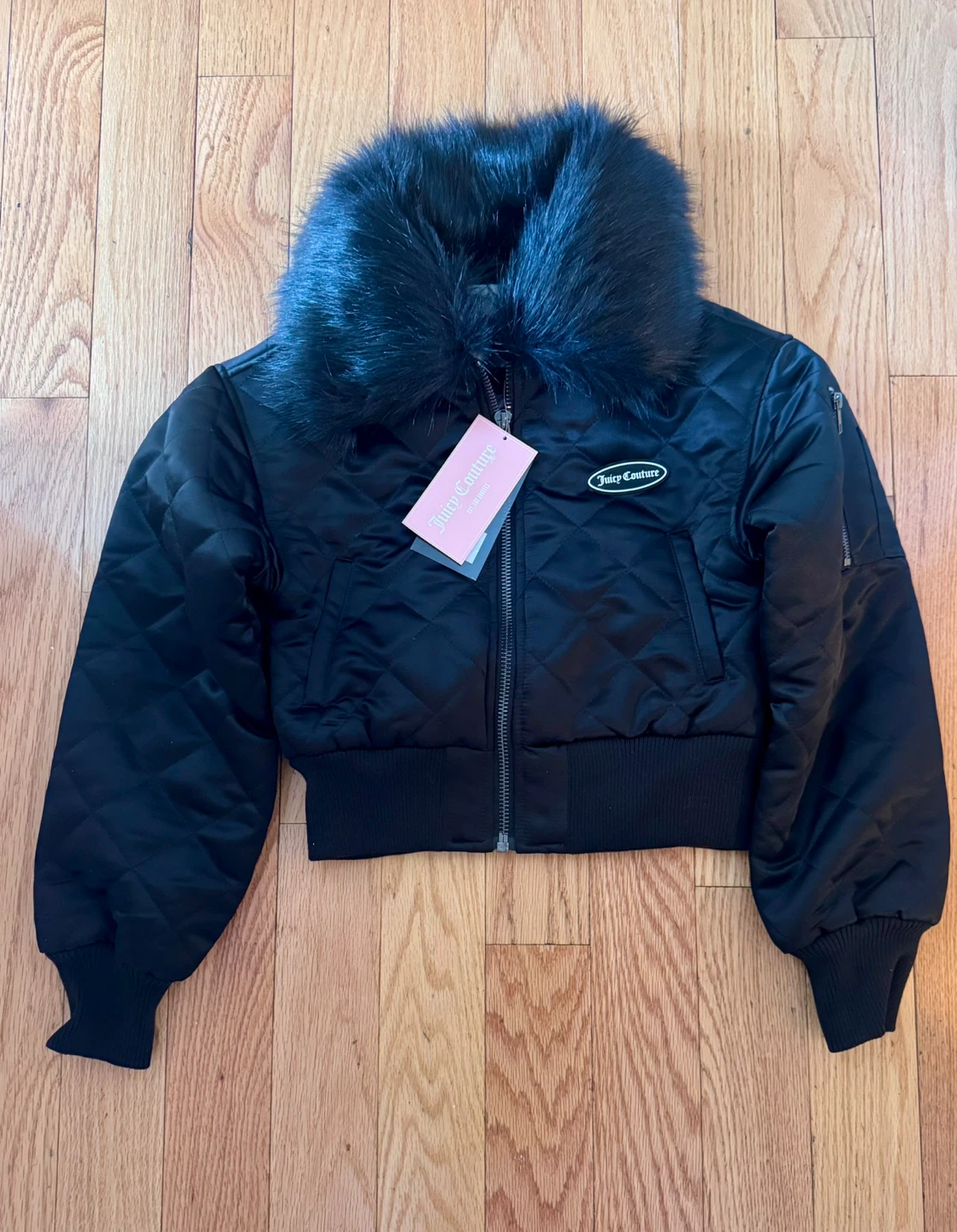 Juicy Couture Black Quilted Bomber Jacket with Faux Fur Collar - photo 4