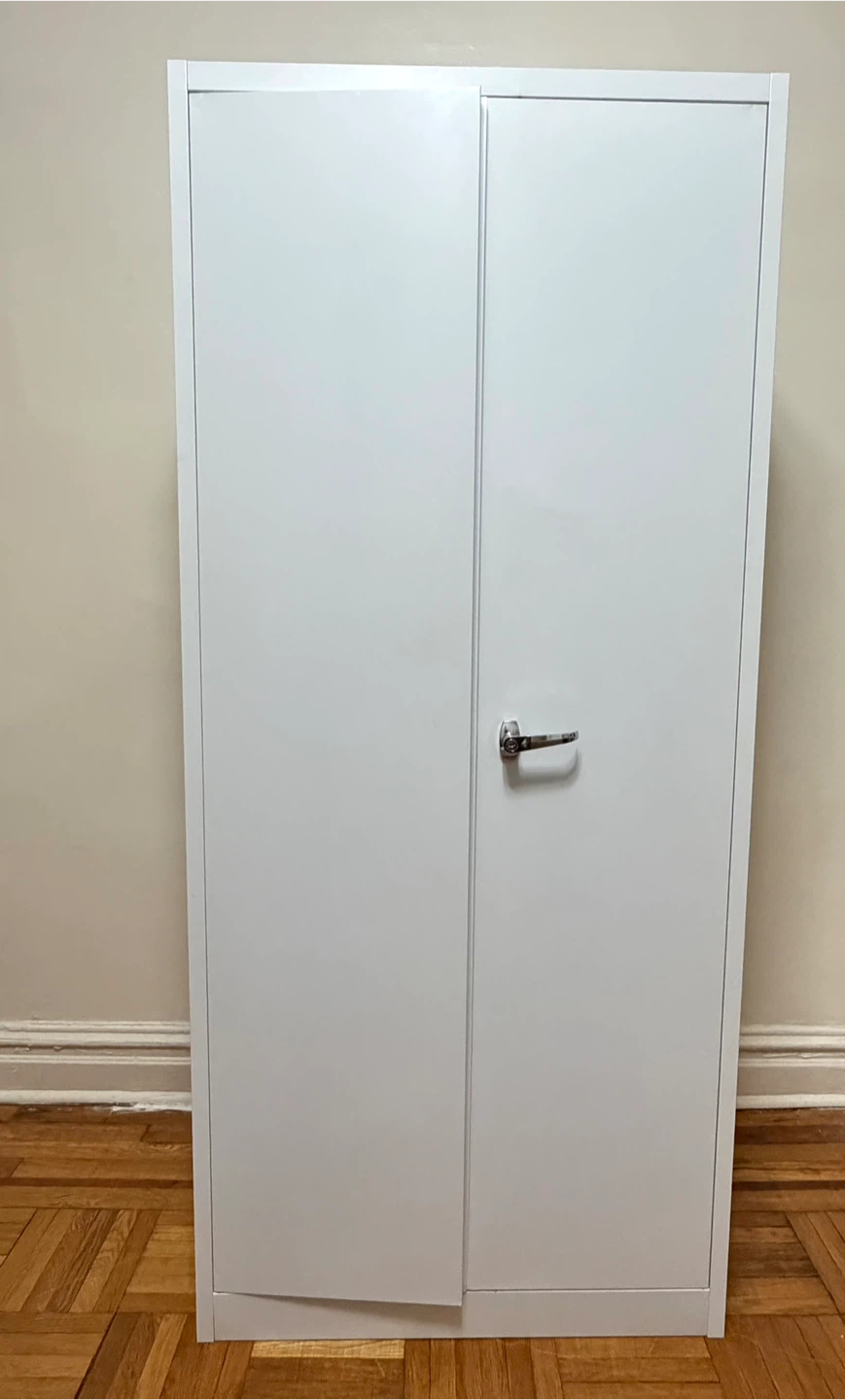 White Metal Storage Cabinet with Shelves and Hanging Rod
