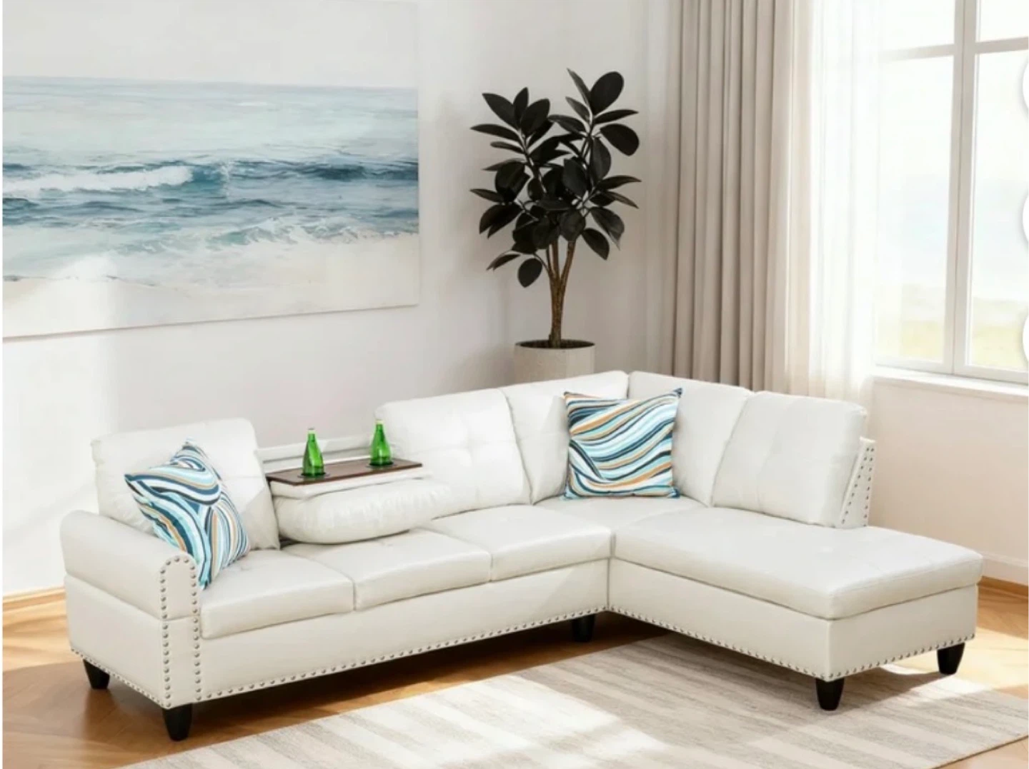 White Faux Leather Sectional Sofa with Chaise