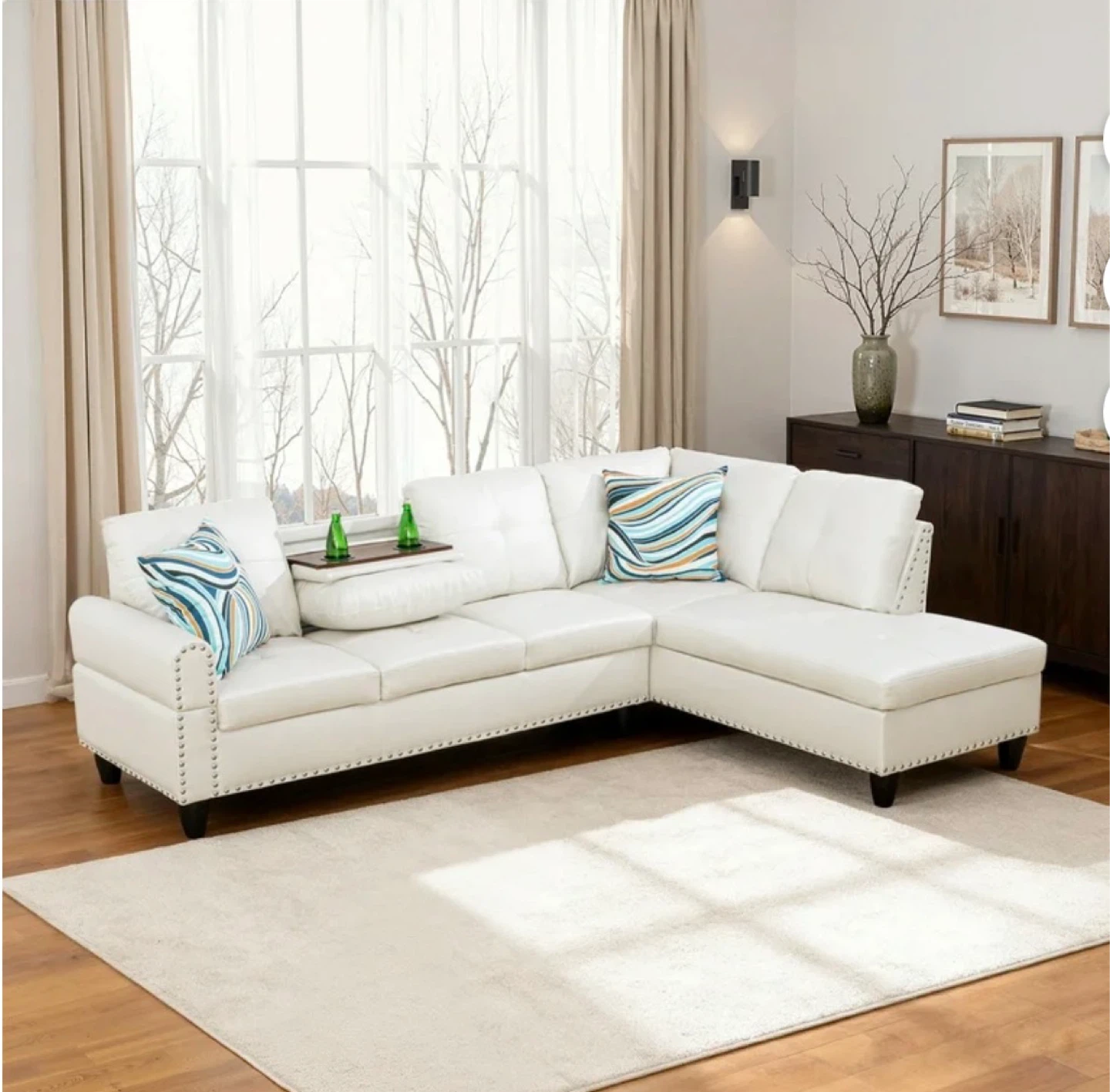 White Faux Leather Sectional Sofa with Chaise - photo 4