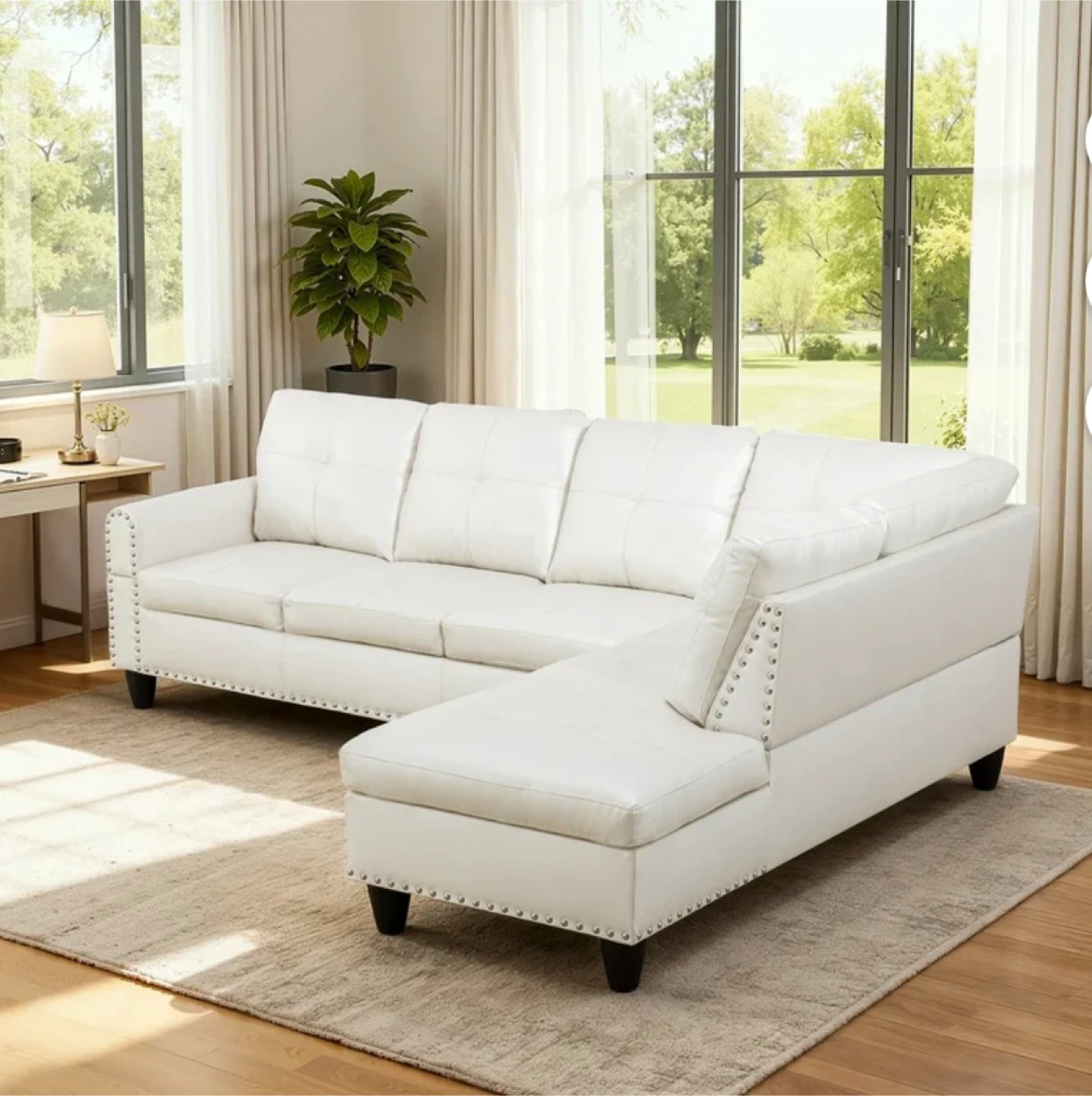 White Faux Leather Sectional Sofa with Chaise - photo 5