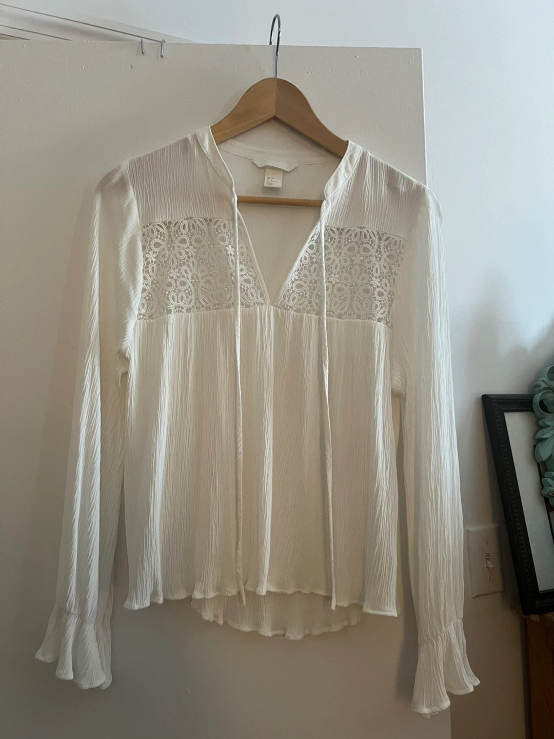 White H&M Long Sleeve Lace Detail Blouse