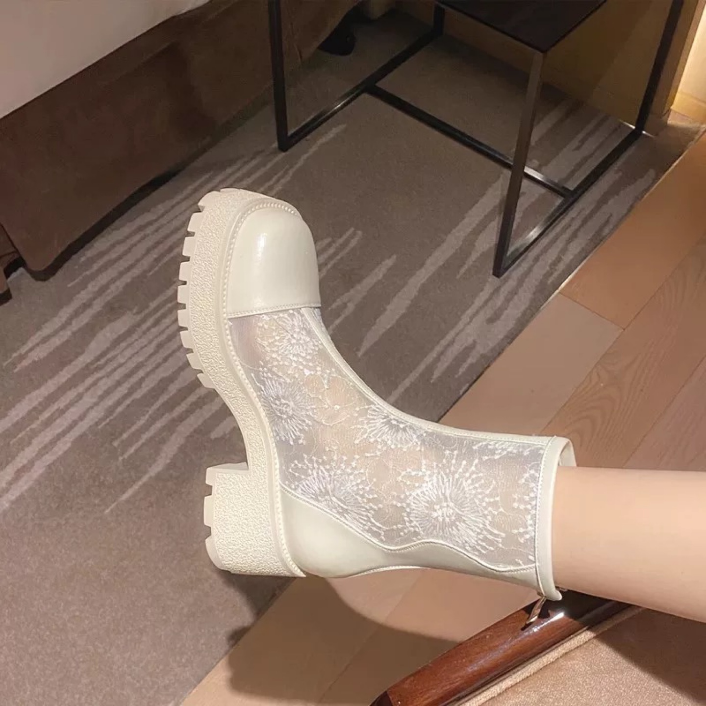 White Lace Mesh Platform Ankle Boots - photo 2