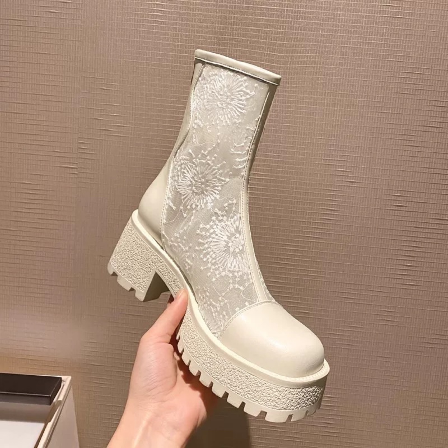 White Lace Mesh Platform Ankle Boots