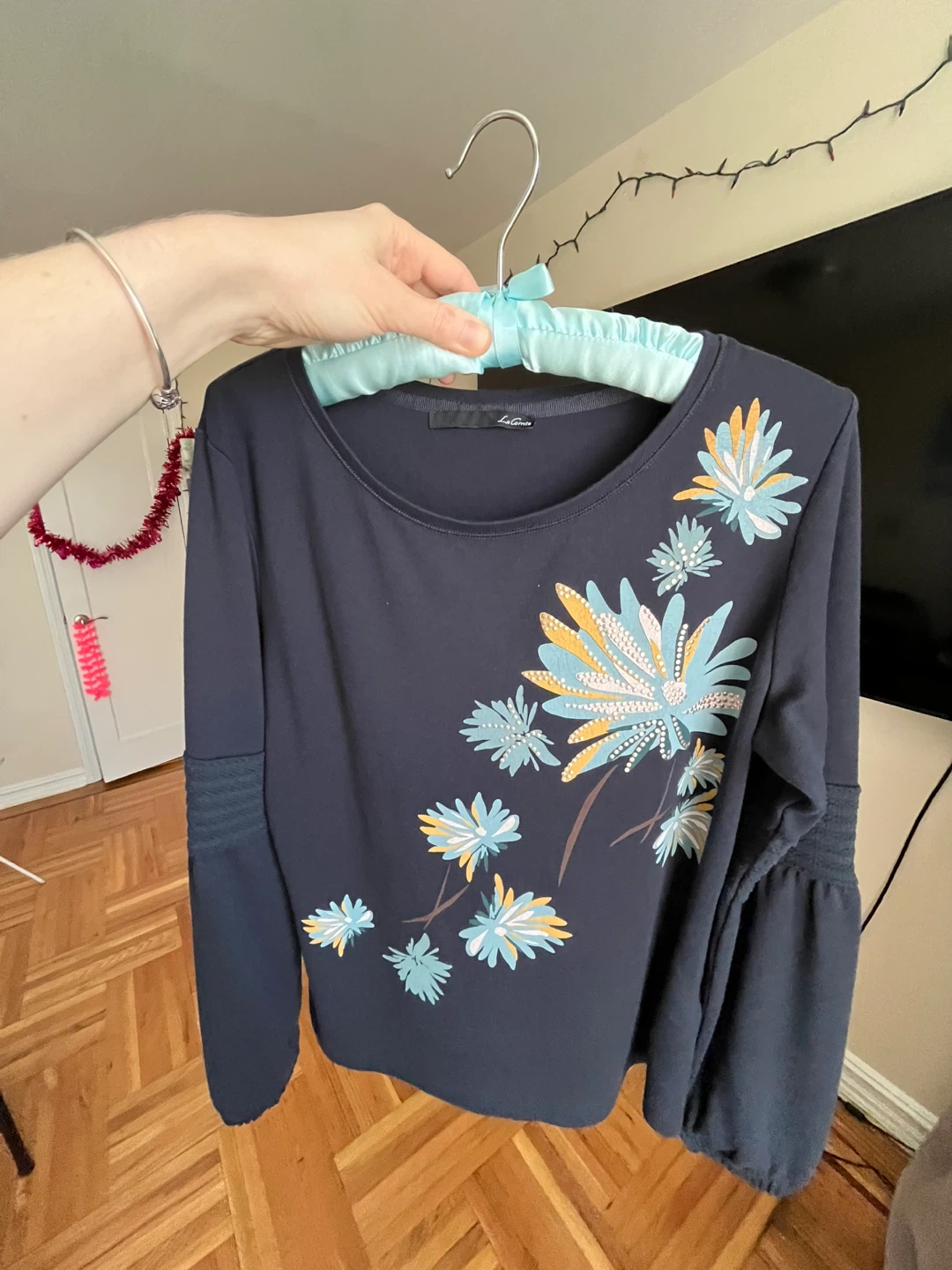 Le Comte Blue Top with Floral Embellishments - photo 2