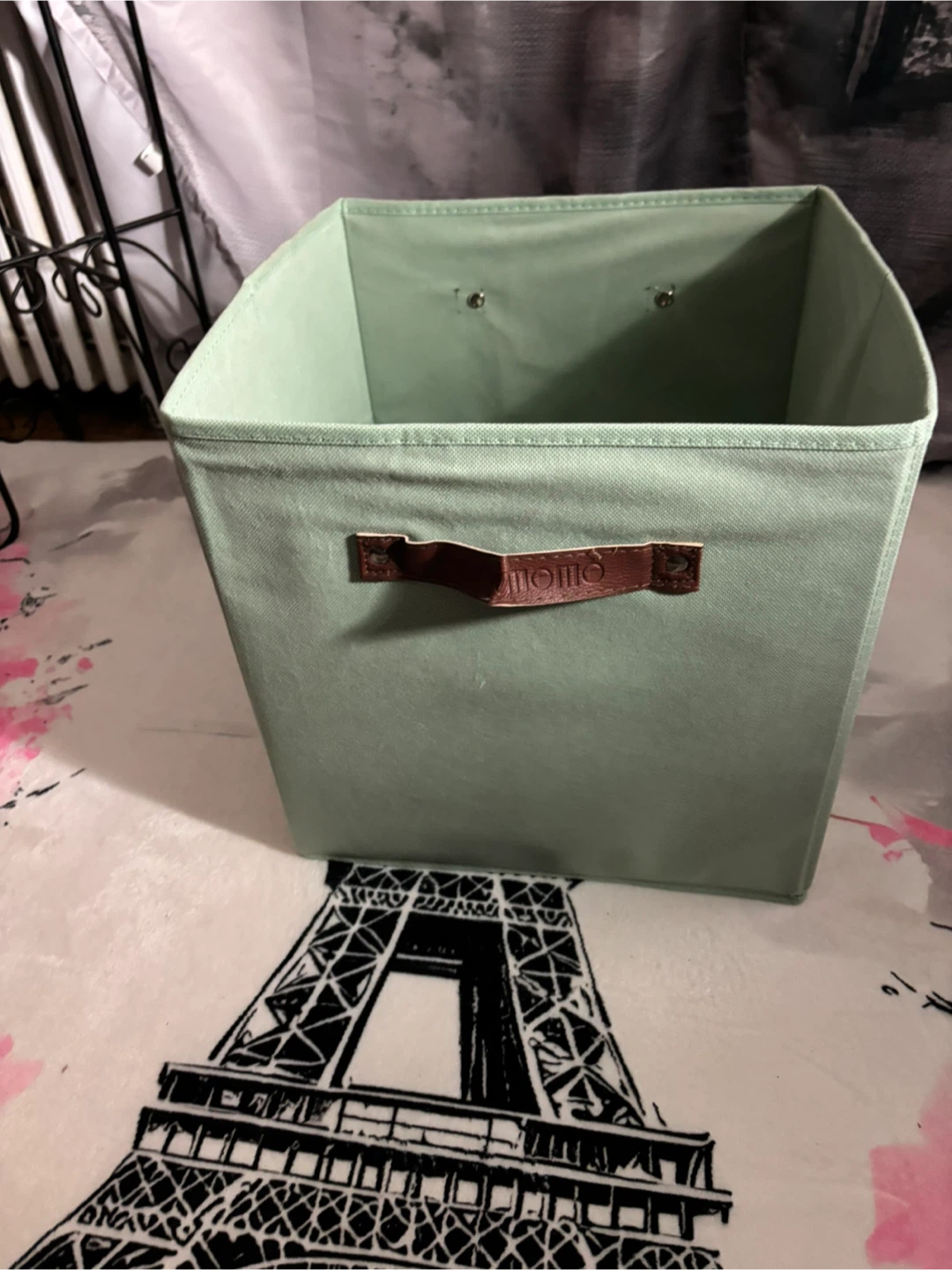 Sage Green Fabric Storage Bin with Faux Leather Handle - photo 2