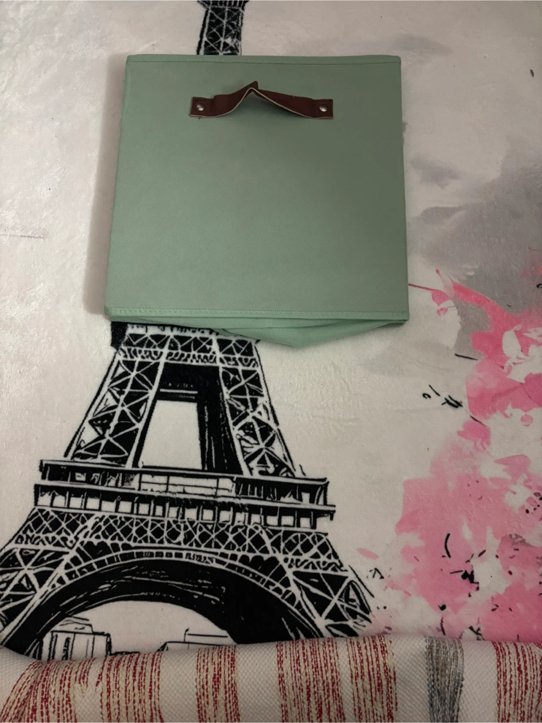 Sage Green Fabric Storage Bin with Faux Leather Handle