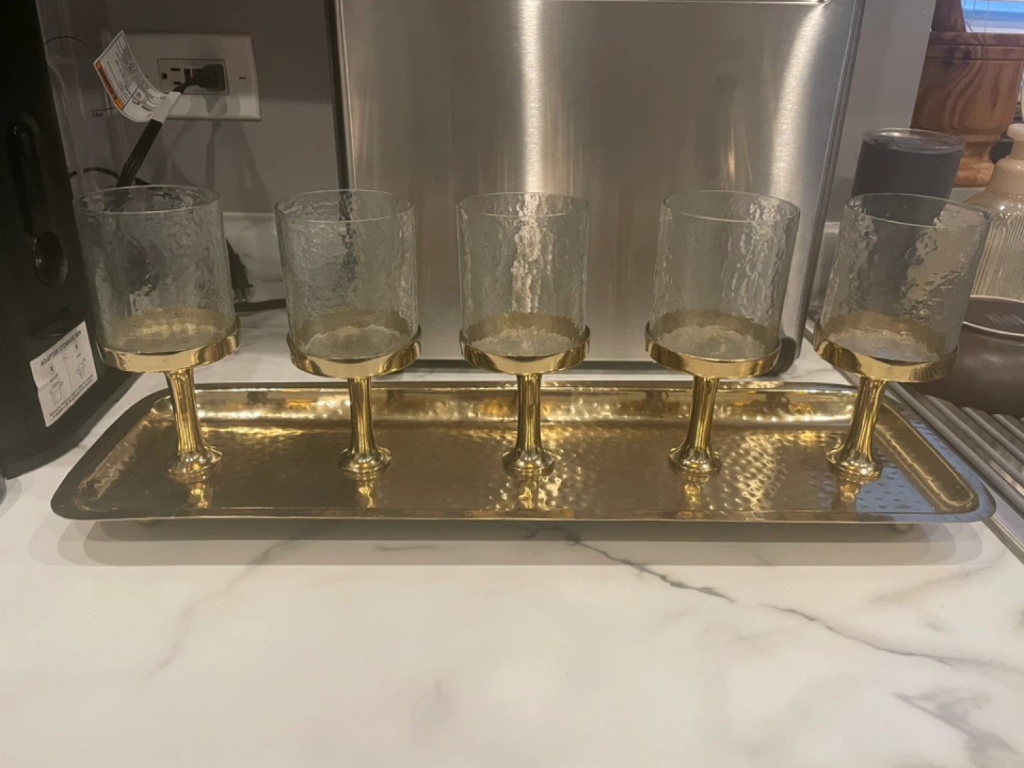 Gold Tray with 5 Hammered Glass Votive Holders