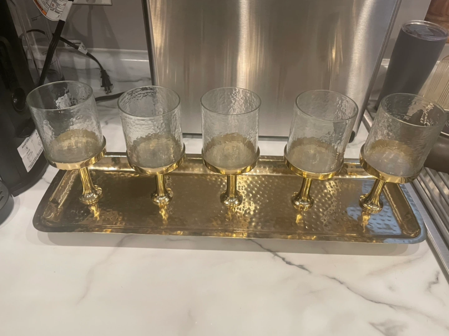Gold Tray with 5 Hammered Glass Votive Holders - photo 2