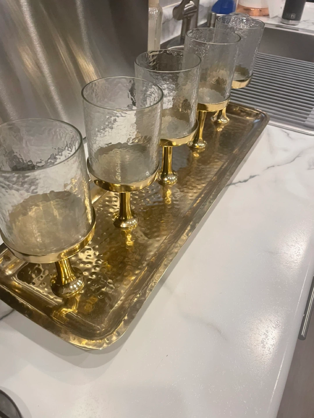 Gold Tray with 5 Hammered Glass Votive Holders - photo 5
