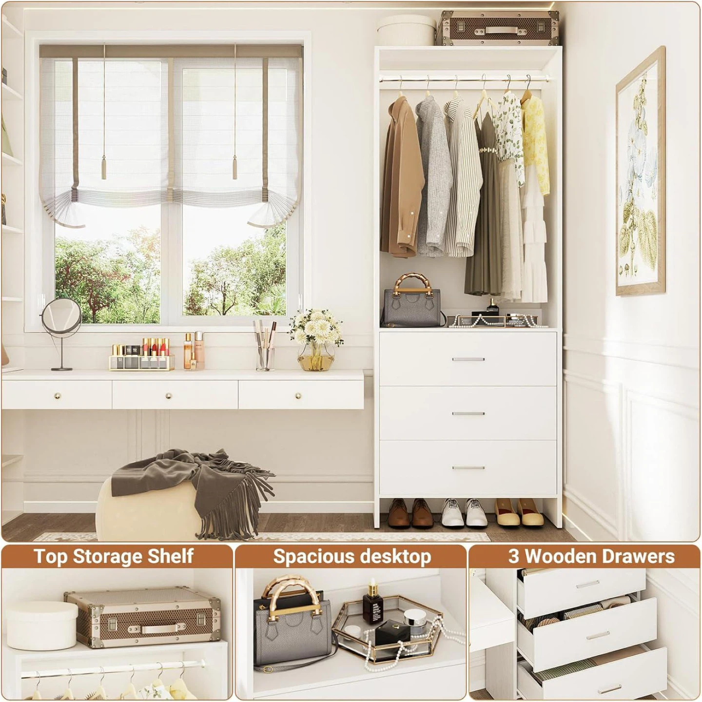 Black Wood Closet System with Drawers and Shelf