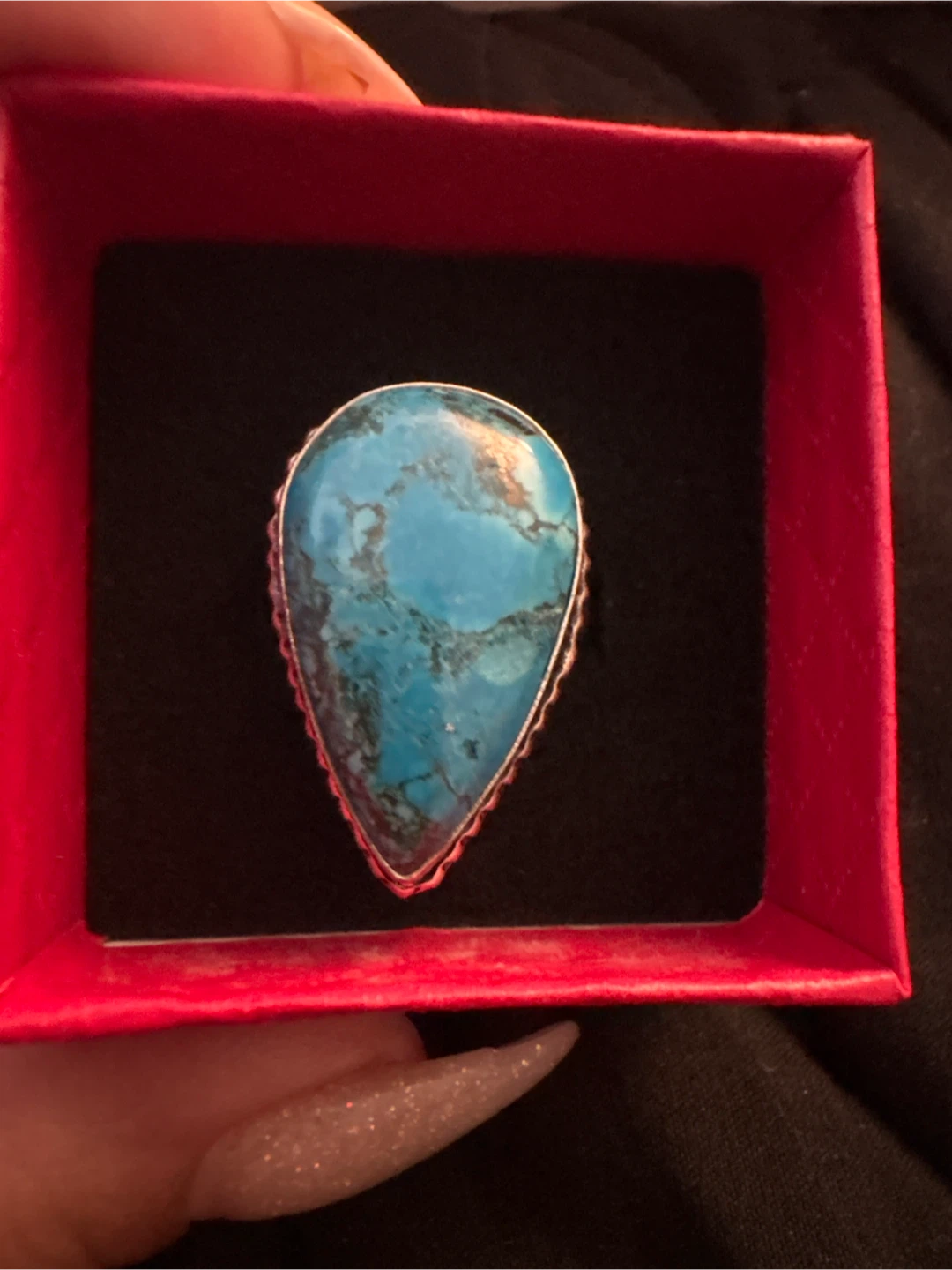 Genuine Turquoise Teardrop Ring with 925 Sterling Silver Band