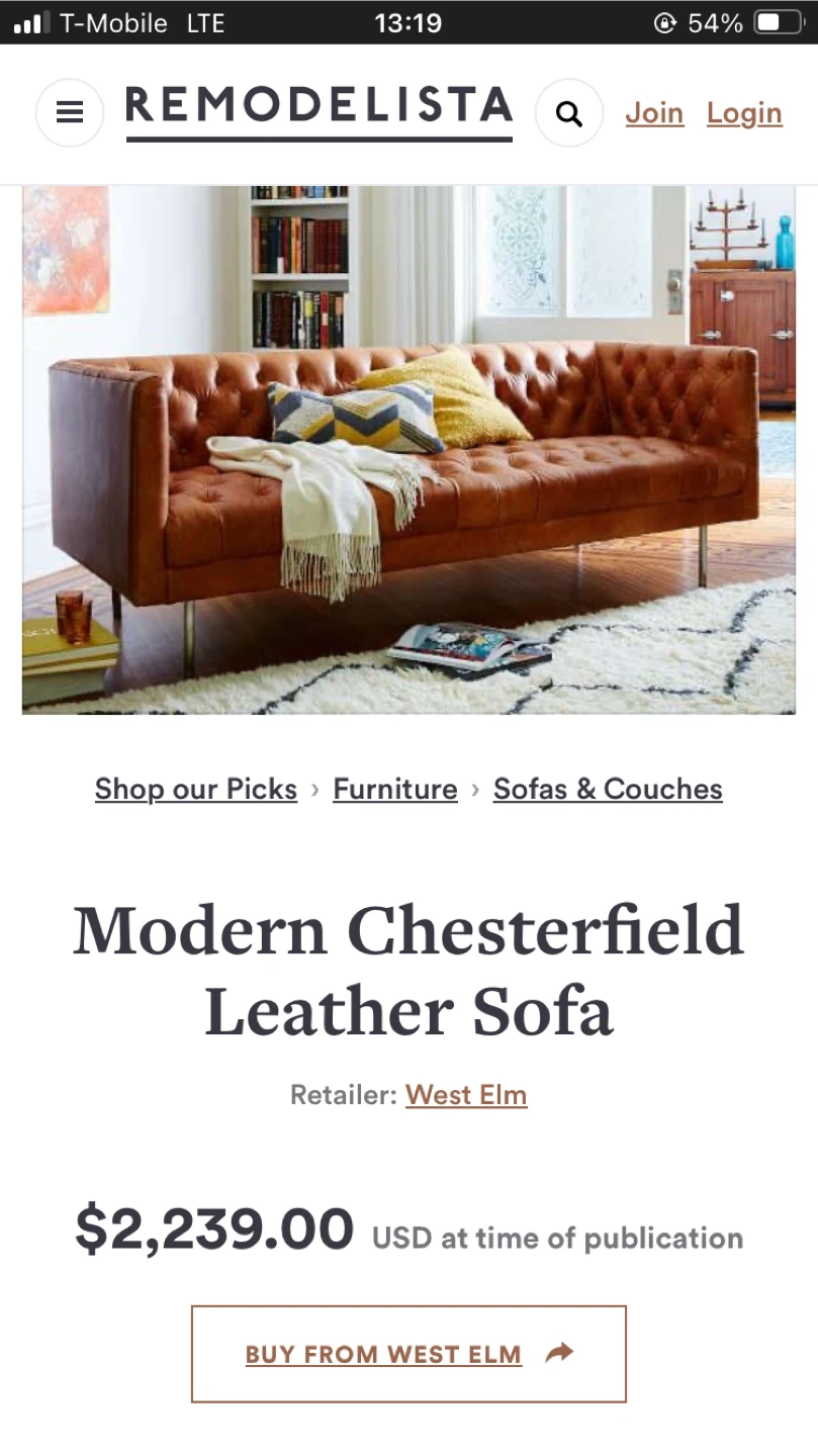 West Elm Modern Chesterfield Leather Sofa