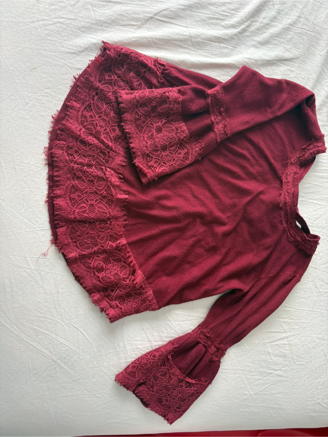 Maroon Bell Sleeve Lace Trim Top - photo 2