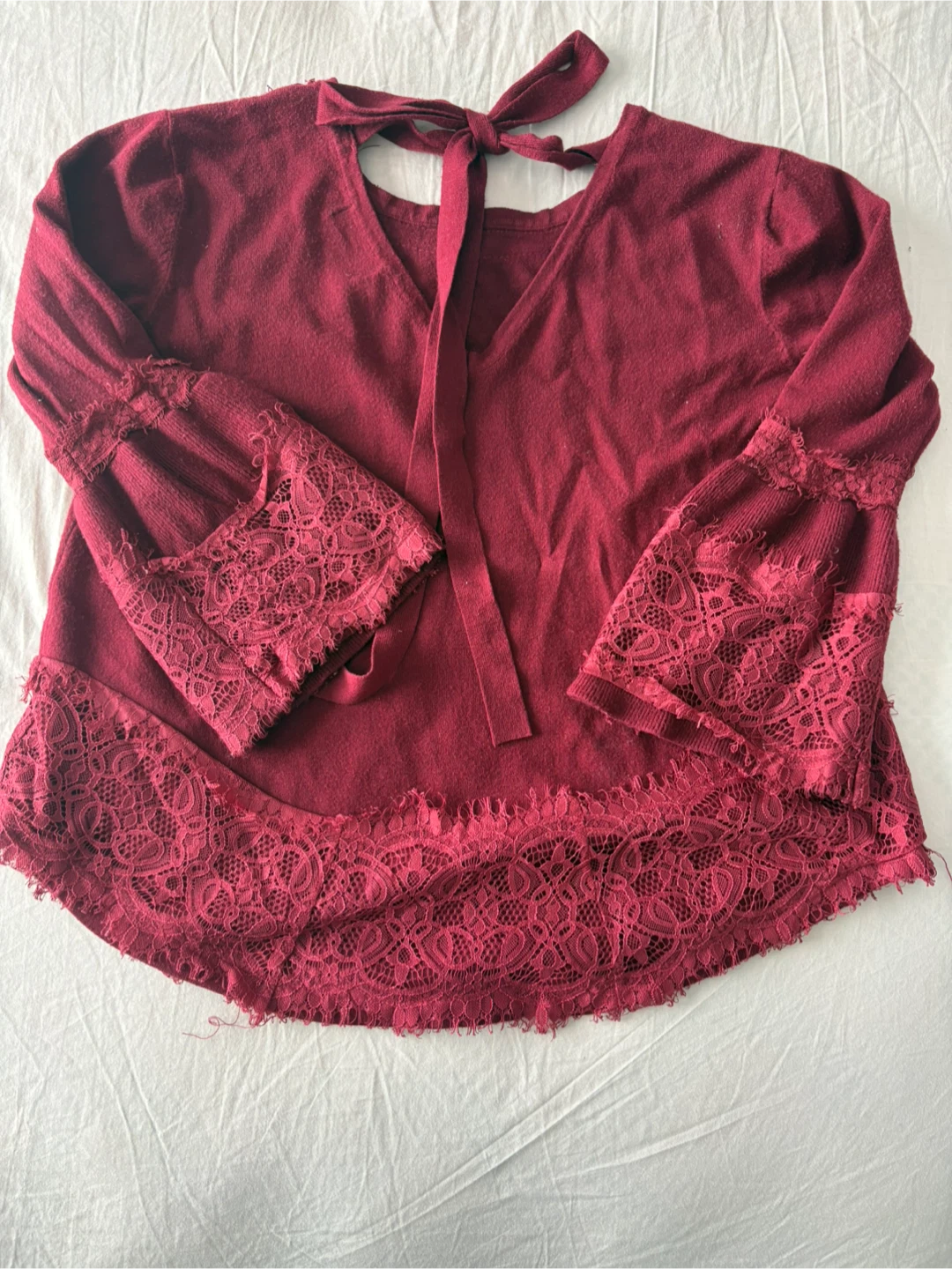Maroon Bell Sleeve Lace Trim Top - photo 3